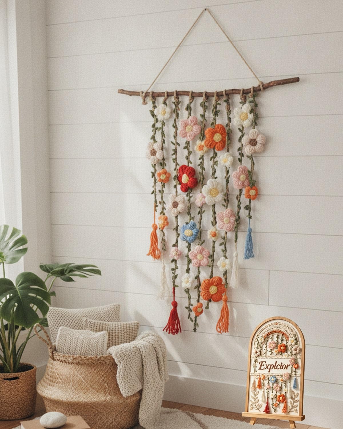 Crochet Flower Garden Wall Hanging Boho Macrame Tapestry Knitted Floral(1pc)