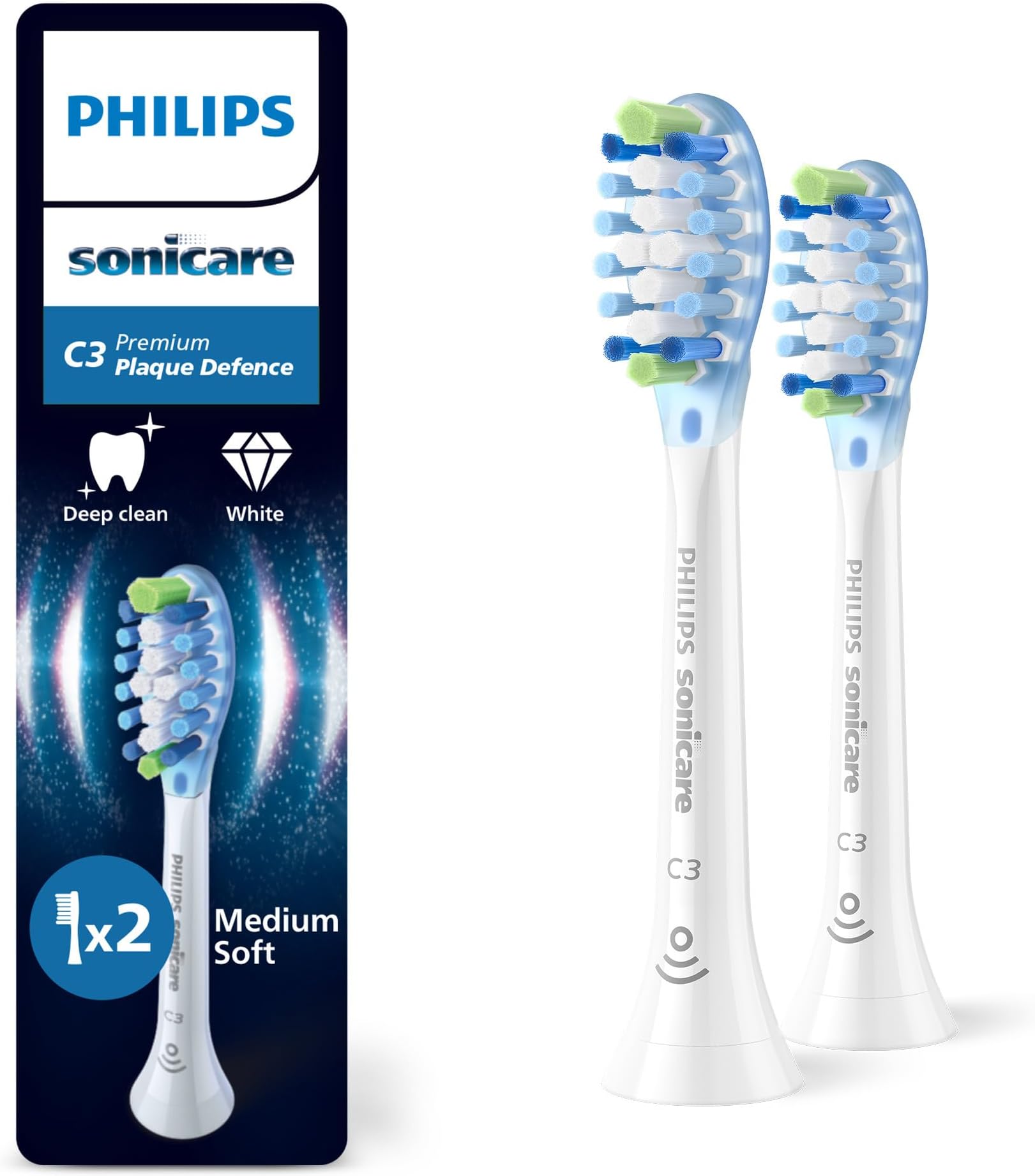 Philips Sonicare C3 Premium Plaque Defence, Genuine Replacement Toothbrush Heads, White, 2 Pack, HX9042/87