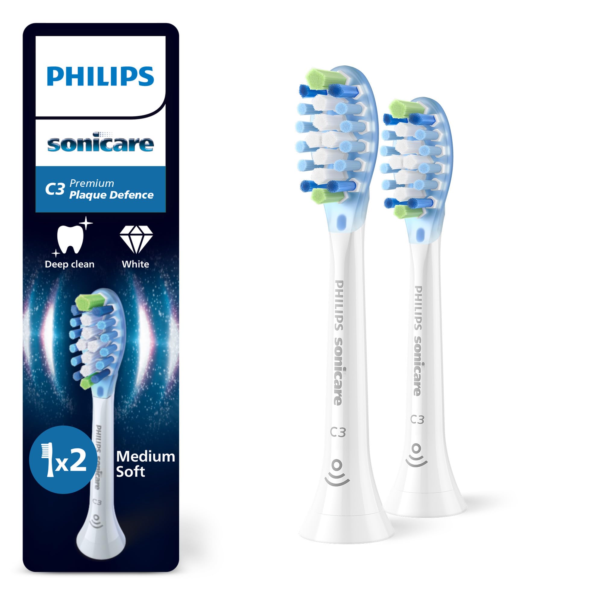 PHILIPS Sonicare C3 Premium Plaque Defence, testine di ricambio originali, bianco, confezione da 2, HX9042/87, Nuovo, 2 Testine
