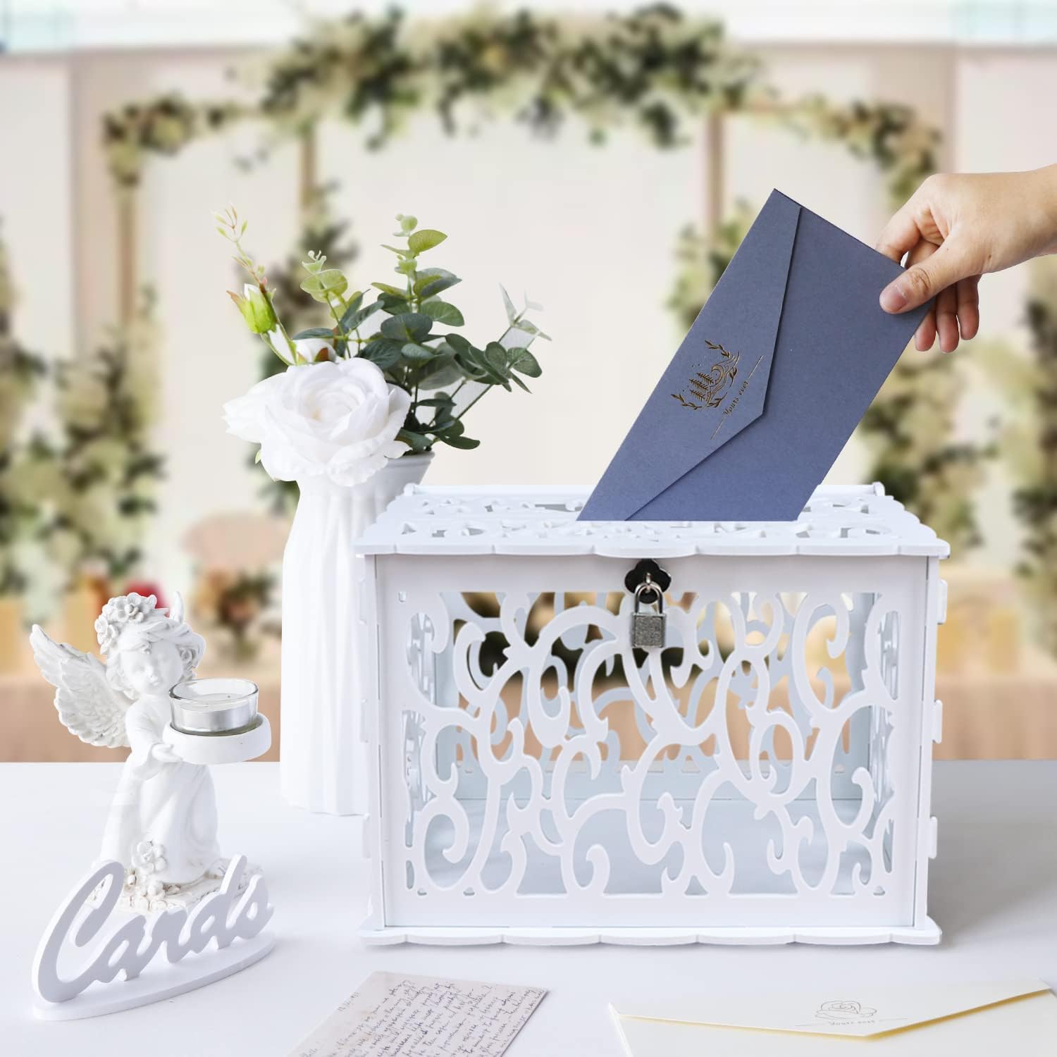 Hollow Wedding Card Box with Lock, White Gift Card Box for Reception image 2