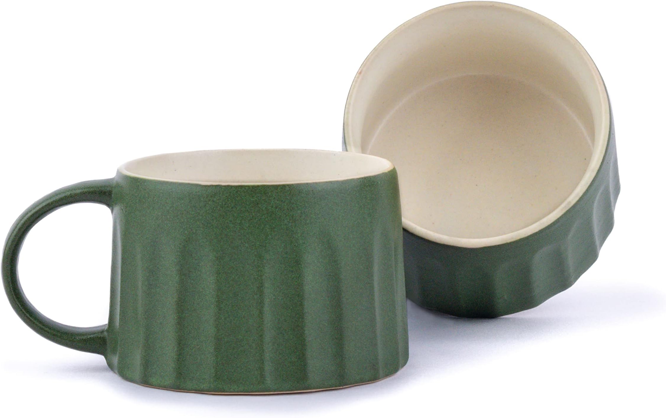 Ceramic Line Cappuccino Cup, Set of 2, Rustic Green, 300ml | Cappuccino Cup | Matte Finish | Large Cup for Coffee | Premium Stoneware Coffee Cup | Microwave Safe (Line Cappuccino - Rustic Green)