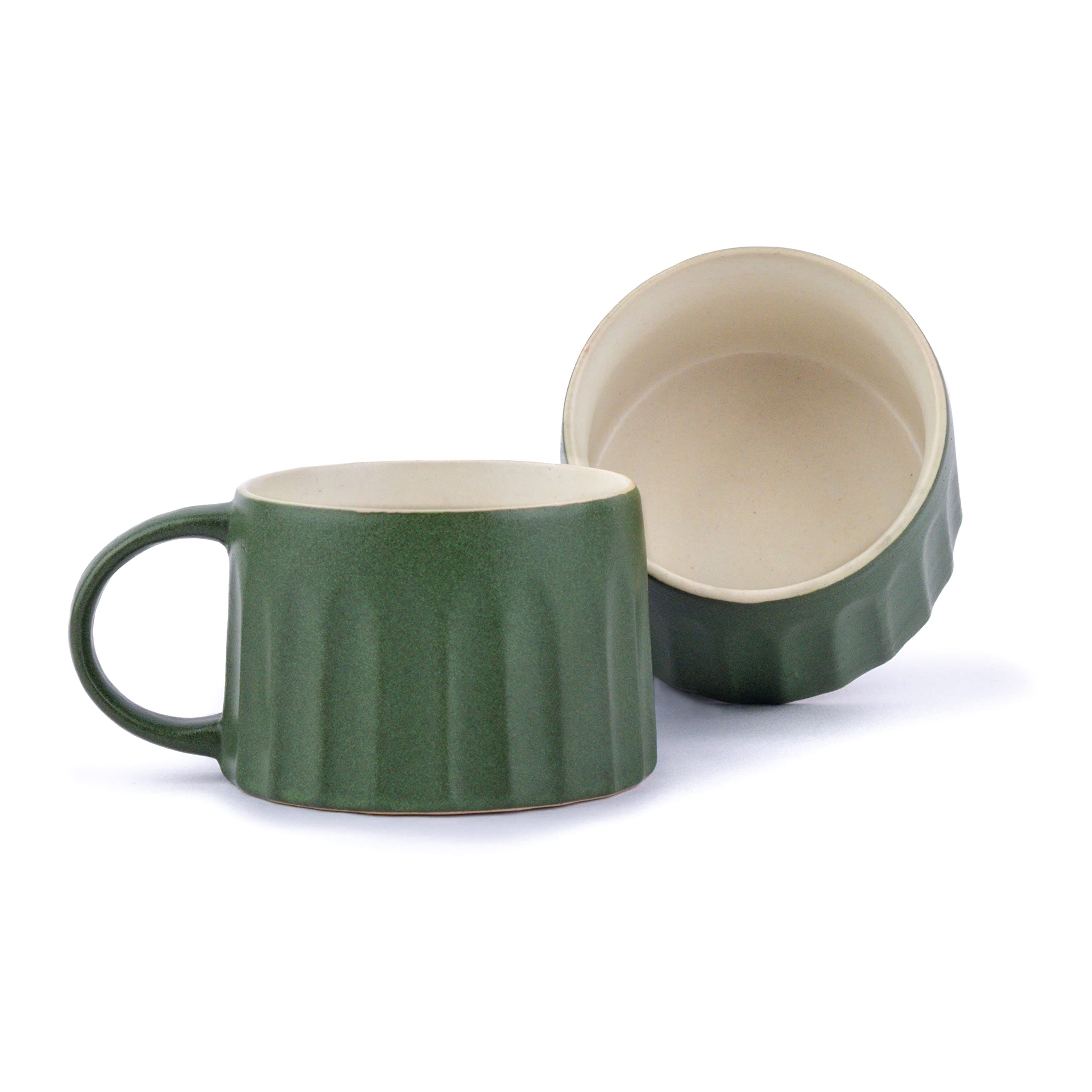Shay Ceramic Line Cappuccino Cup, Set of 2, Rustic Green, 300ml | Cappuccino Cup | Matte Finish | Large Cup for Coffee | Premium Stoneware Coffee Cup | Microwave Safe (Line Cappuccino - Rustic Green)
