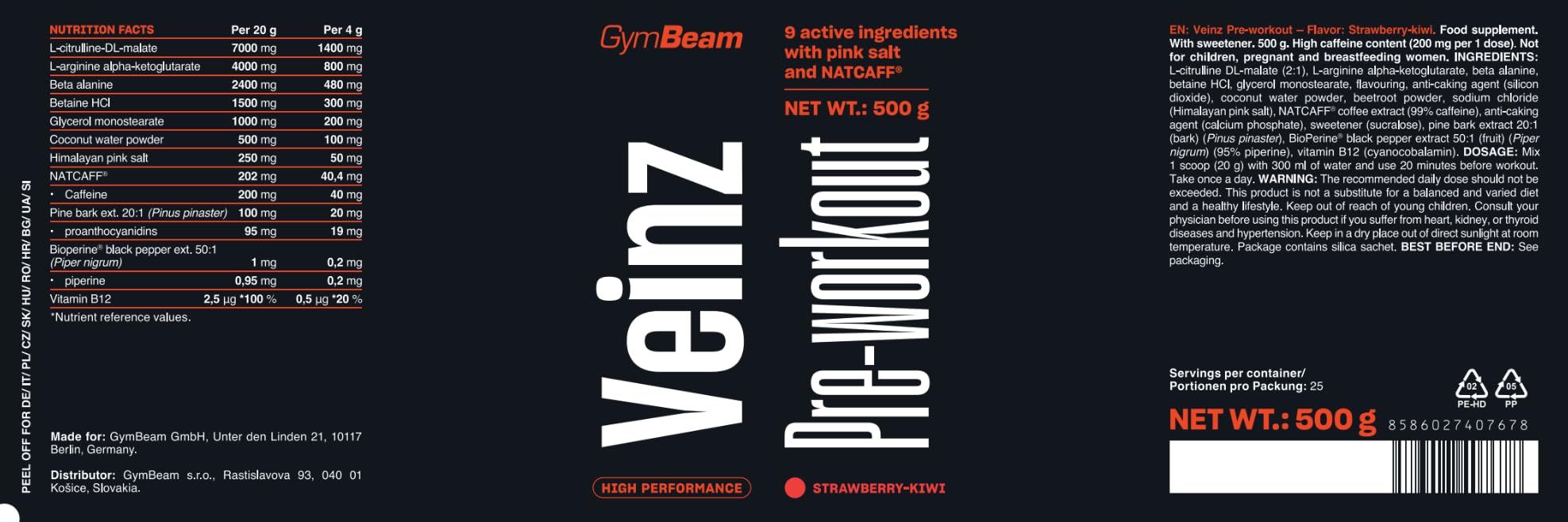 GymBeam Veinz Pre Workout - Umfassender No Booster für Athleten, Fitness & Power: enthält Citrullin-Malat, AAKG, natürliches Koffein NATCAFF®, Glycerinmonostearat (500 g, Erdbeere Kiwi)