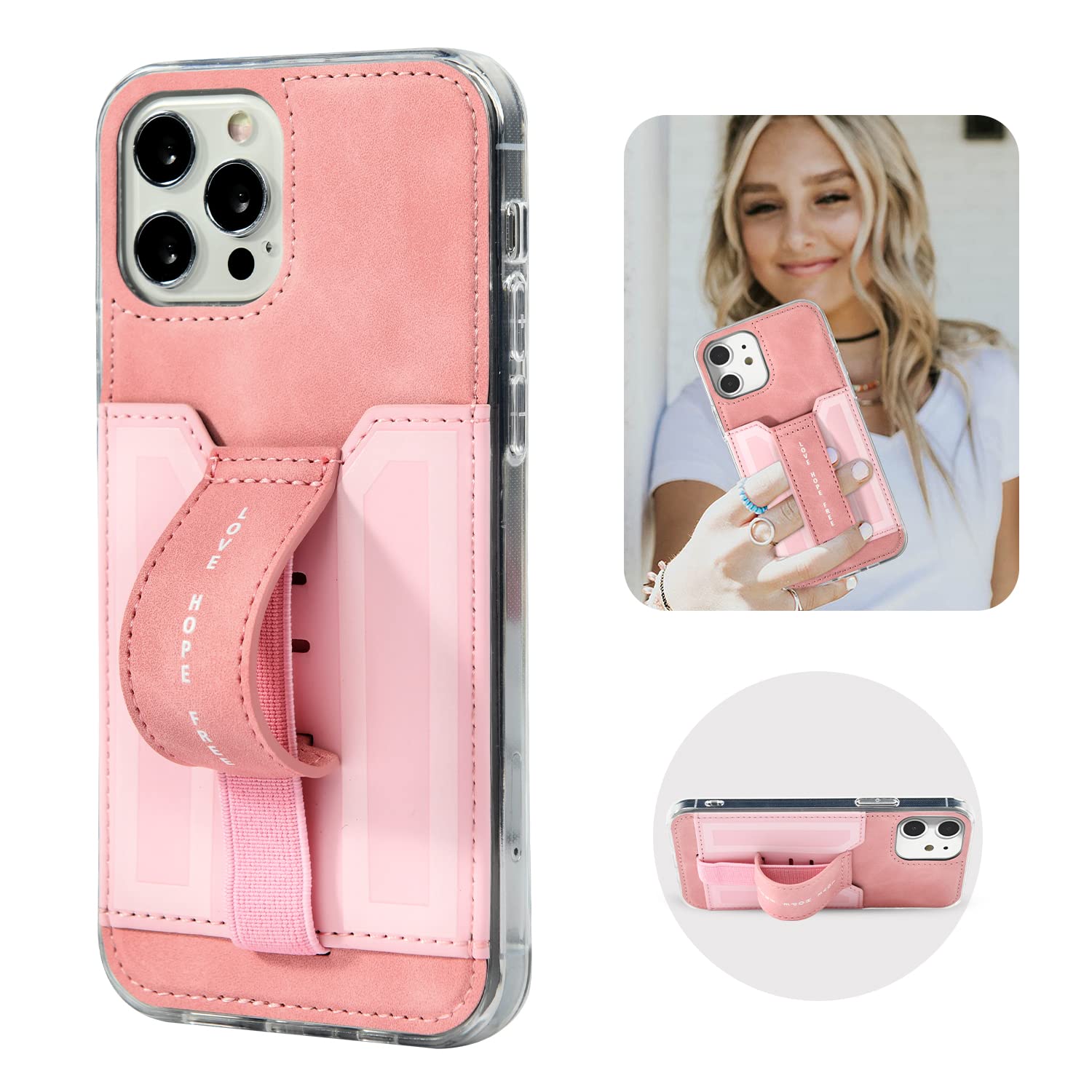 Homelax iPhone 12 Loopy Case with Finger Grip Anti Slip/Fall, iPhone 12 Pro Case with Strap Card Holder Kickstand, Protective Case Wireless Charging Shockproof for iPhone 12/12 Pro 6.1 inches Pink