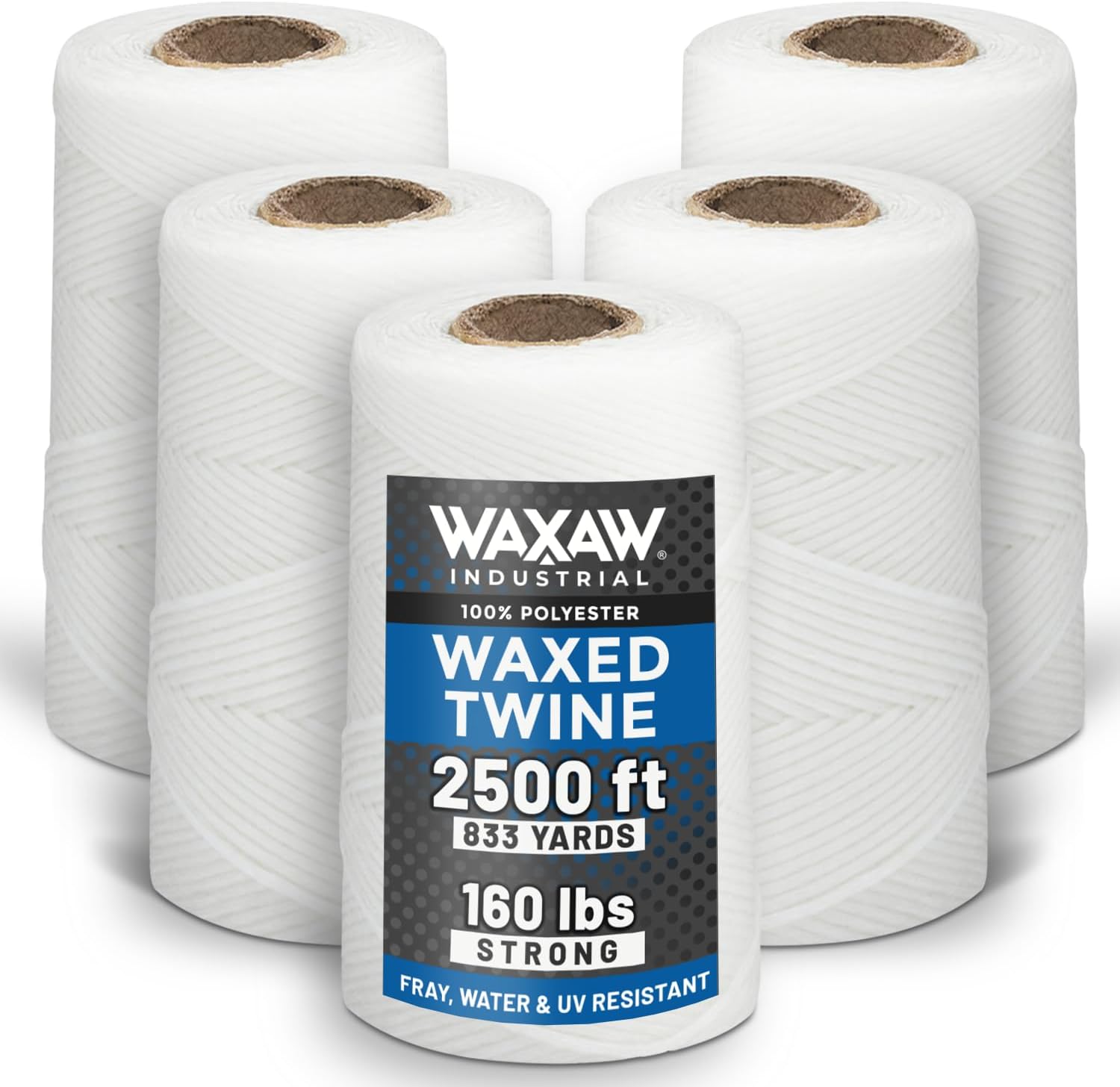 9-Ply Waxed Twine 160 LBS Tensile Strength (5-Pack) 500 Feet 8oz per Spool | 100% Polyester | White Cable Tie Down Wax Lacing Cord | USA Made