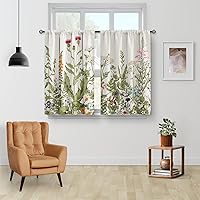 Vista 2 de Aimego - Cortinas de cocina con plantas rústicas y flores de primavera, botánicas, con hojas verdes, cortas, para cafetería, baño, con bolsillo