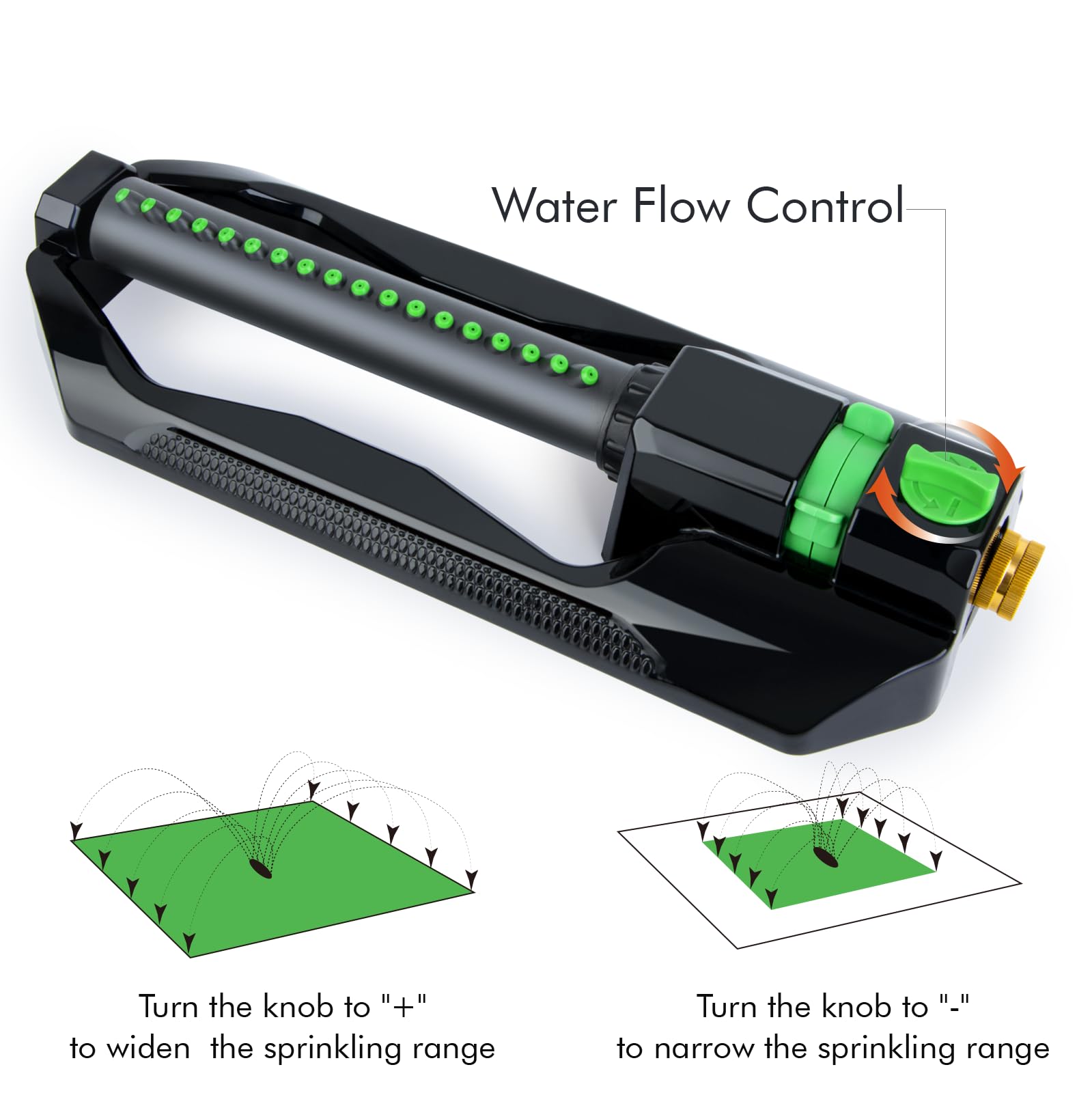 RESTMO Irrigatore oscillante resistente con base in metallo, sistema di irrigazione del prato regolabile con controllo del flusso, copre fino a 3.600 mq. per giardino, cortile