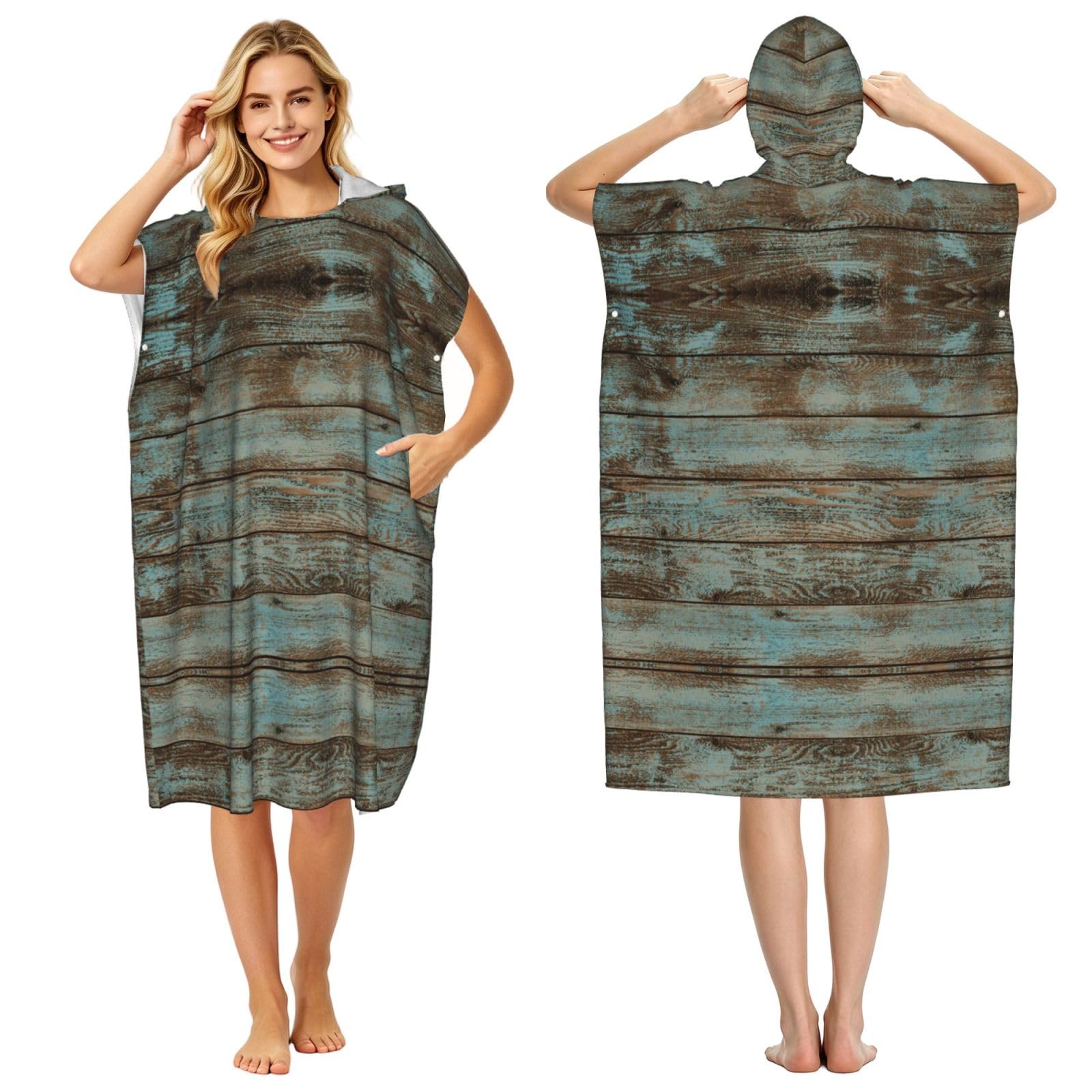 EZDLOWVBA Rustic Old Barn Wood Print Hooded Poncho Microfiber Beach Towel,Adult Women & Men Changing Robe,Lightweight Summer Surf Swim Bath Poncho Towel