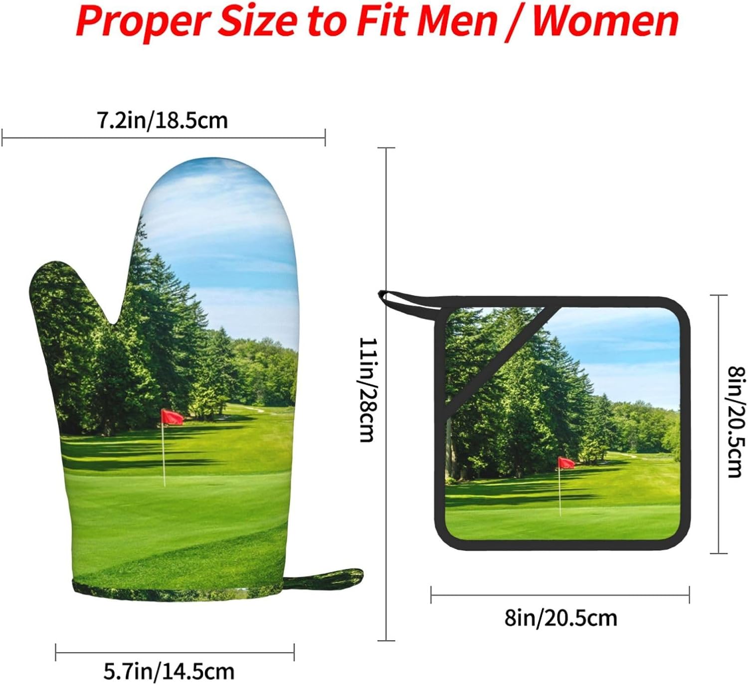 Golf Course Lawn Oven Mitts and Pot Holders Set of 4 Heat Resistant Kitchen Gloves with Silicone Palm Hot Pads for Baking Cooking Grilling BBQ