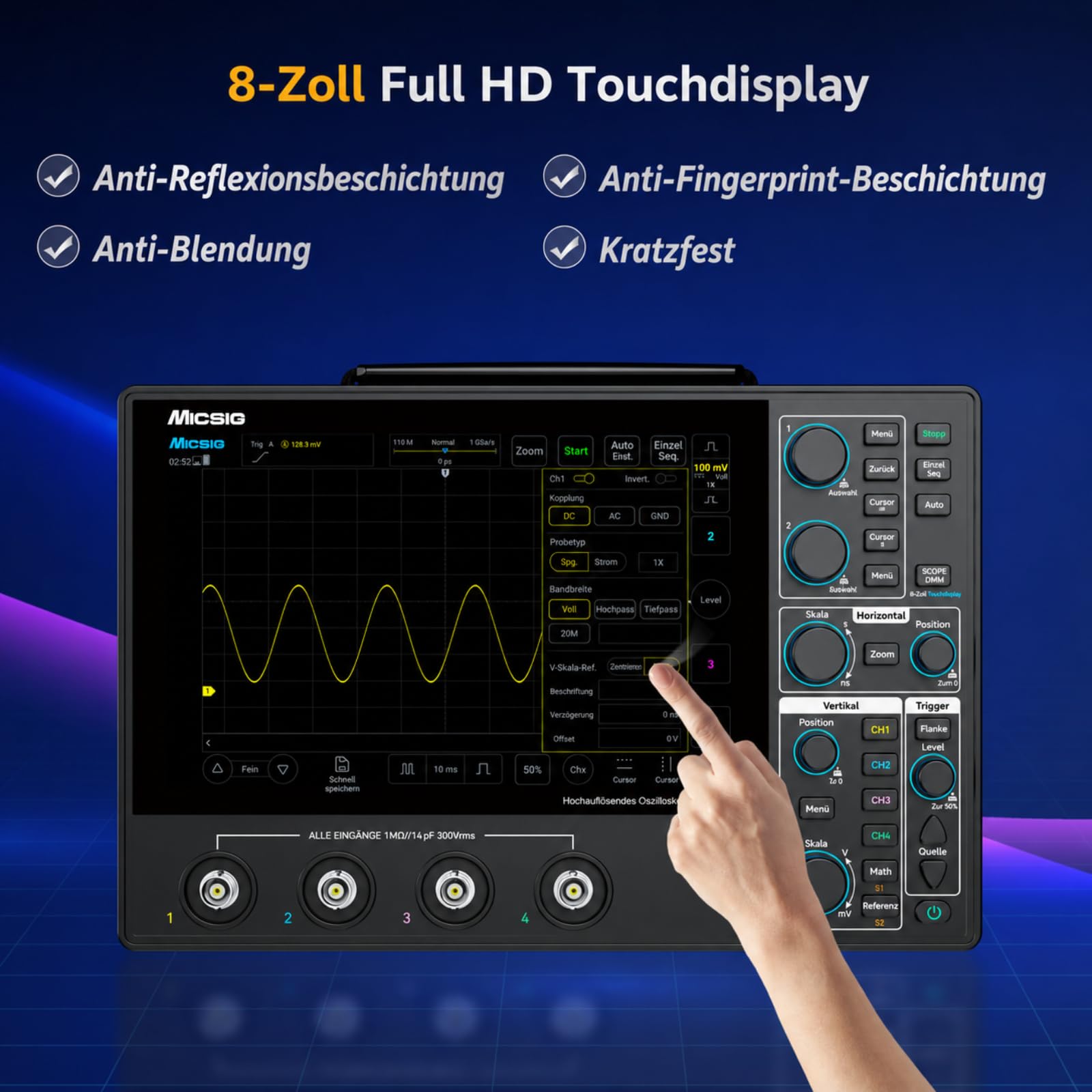 SainSmart Micsig 12-Bit Tablet-Oszilloskop MHO1, 100 MHz Bandbreite | Tragbares Handheld-Oszilloskop mit 4 Analogkanälen, 1 GSa/s Abtastrate, 8-Zoll-HD-Touchscreen und 16000-mAh-Akku