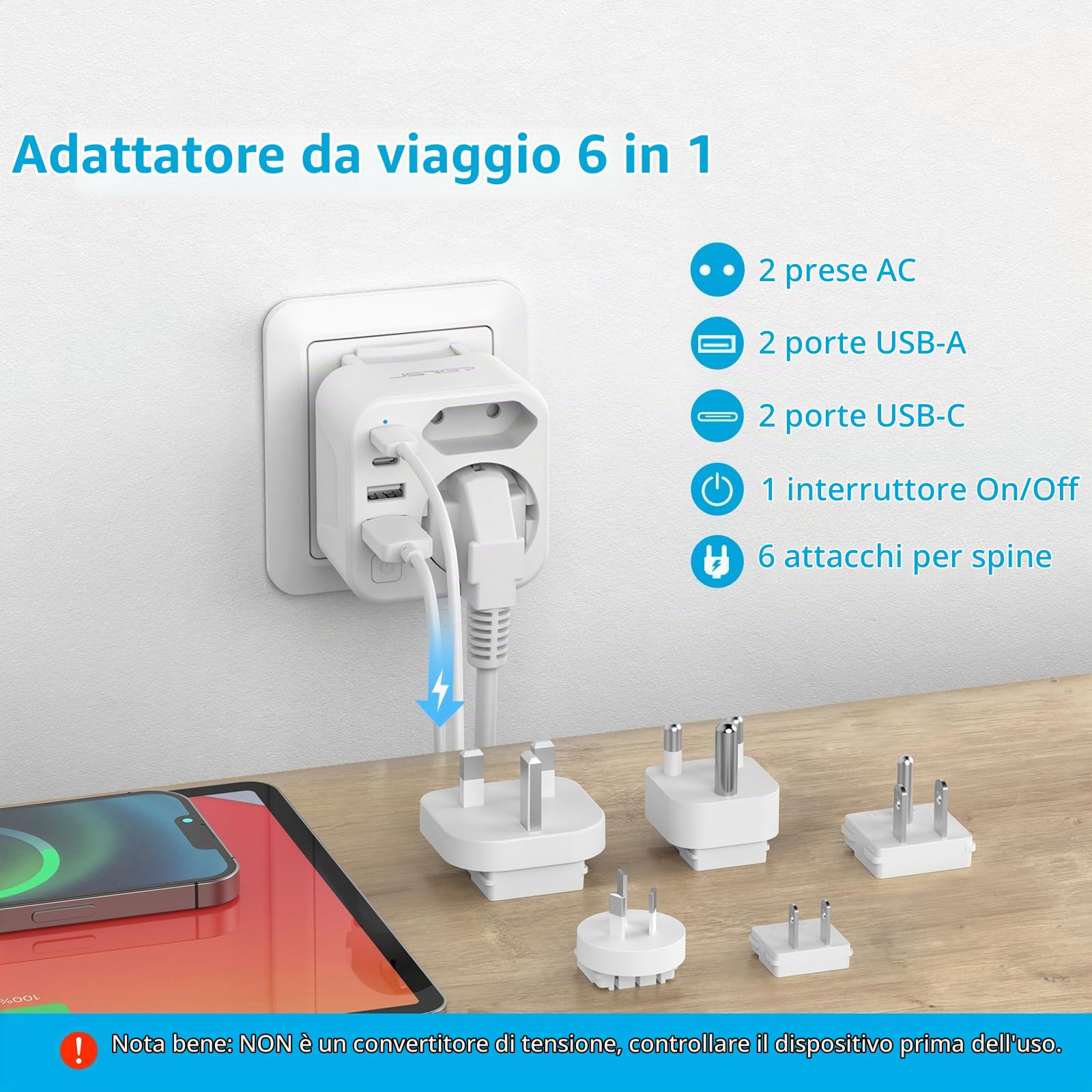 JSVER Adattatore di viaggio JSVER 6 in 1 con 2 porte USB-A e 2 porte USB-C per Stati Uniti — immagine 4 di 16