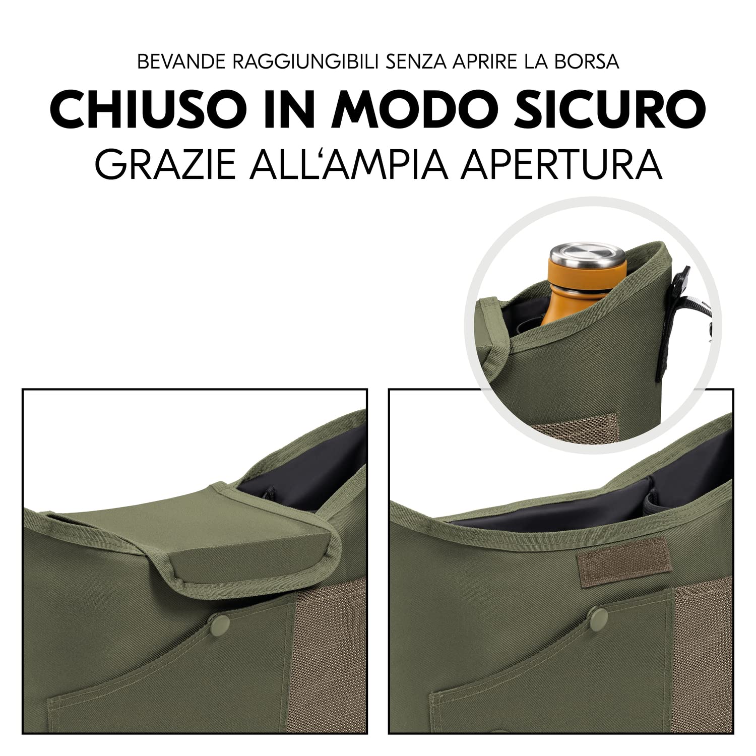 hauck Borsa Passeggino e Carrozzina, Verde Oliva - 35 x 10 x 22 cm - Borsone Portaoggetti con Portabibite di Facile Presa e Tasca in Rete - Chiusura a Strappo per Fissaggio al Manubrio