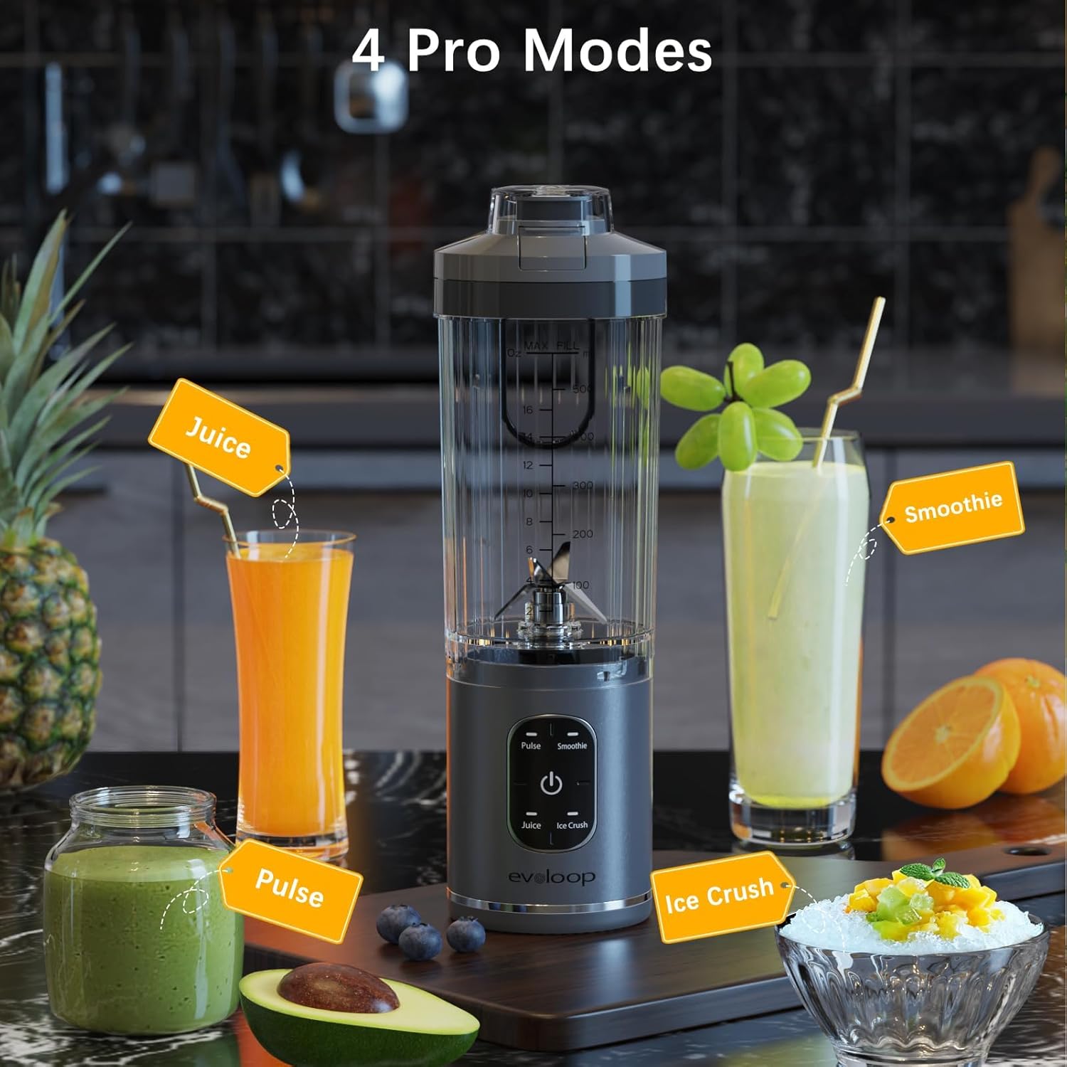 Personal Blender, Portable Blender for-Smoothies and Shakes, Ice crush, Juice, Pulse, 4 Programs, Cordless, USB-C Rechargeable, 18 oz removable Vessel, Lids and Straws, BPA Free, Dishwasher Safe