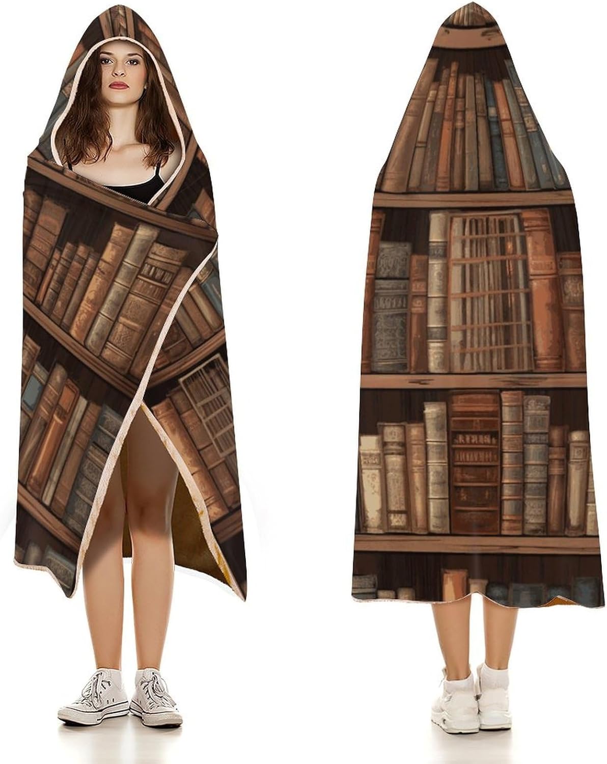 Library Bookshelf Wearable Hooded Blanket, Ultra Soft Arctic Velvet Cape Cloak Unisex - Cozy Wearable Blanket