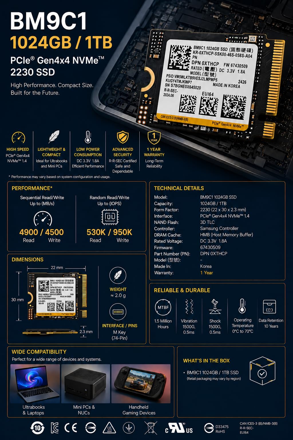 内蔵型SSD SAMSUNG BM9C1 1TB Nvme Gen4x4 M.2 2230 Amazon.in: Buy 1TB M.2 NVMe SSD BM9C1 (OEM) Compatible with
