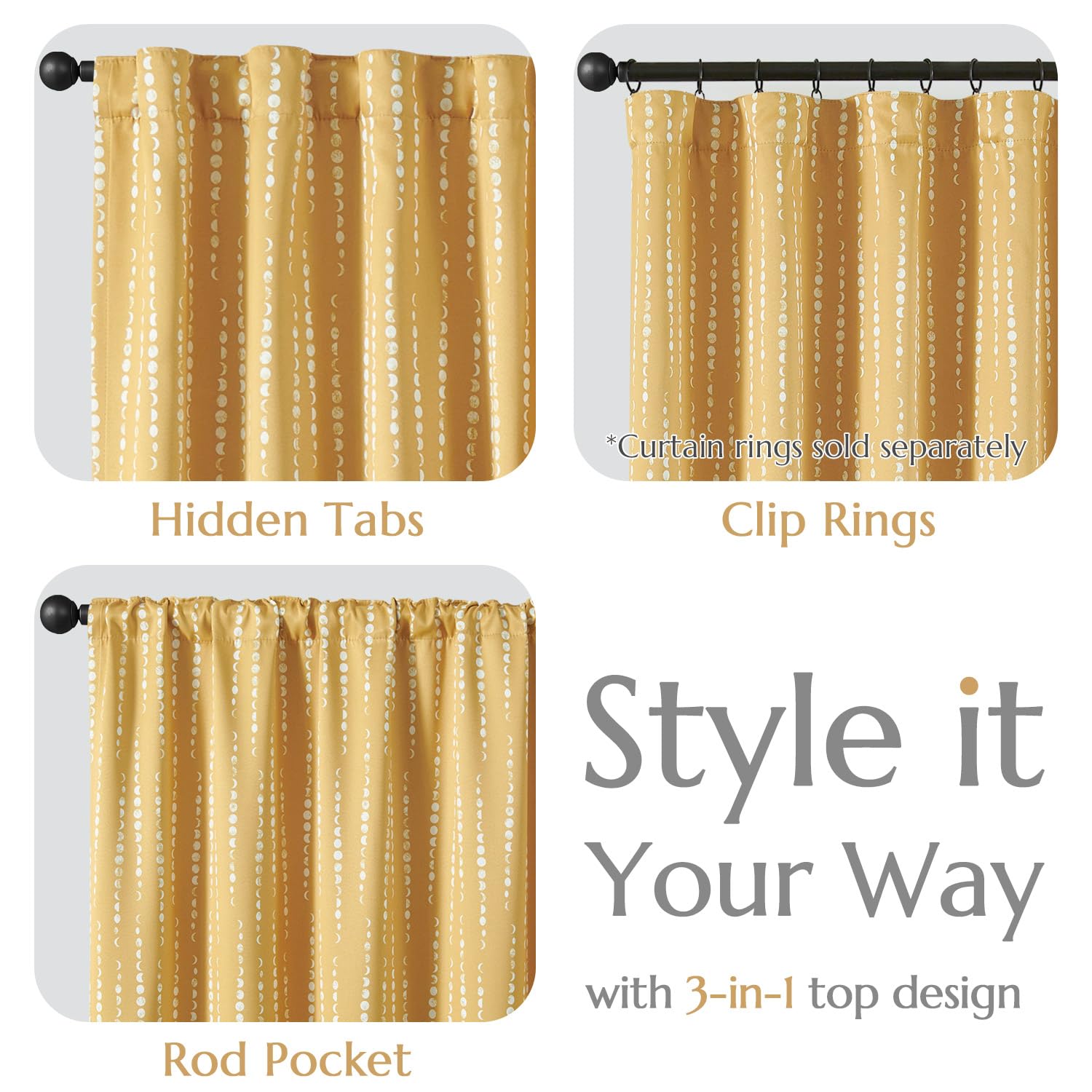 jinchan 100% Blackout Boho Curtains Moon Phases Printed Bedroom Curtains 84 Inches Long Mustard Drapes Grommet Top Thermal Insulated Curtains for Nursery Yellow Window Drapes Curtain Set 2 Panels