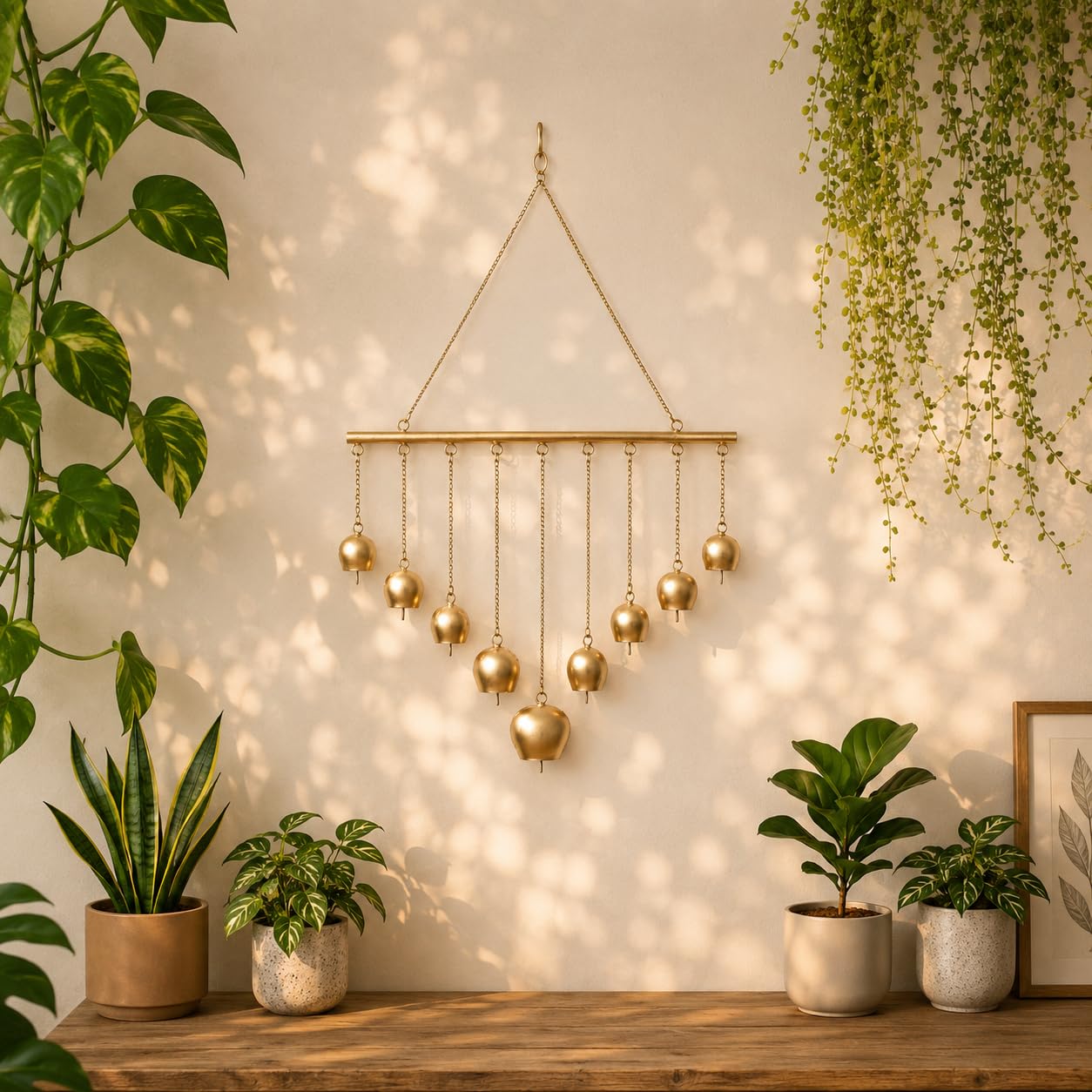 DULI Metal Windchime Handcrafted Golden Metal Wind Chime with Nine Cowbells Hang on Rod with Chains (CowBellw/Rod: MetalHanging)-picture-18