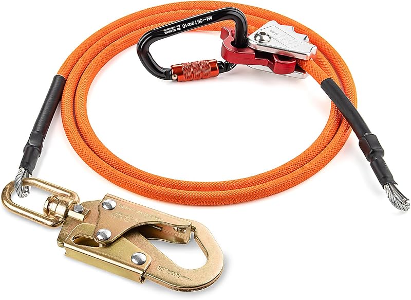 TRSMIMA Steel Wire Core Flipline - 8ft Tree Climbing Lanyard Flip Line | Arborist Lanyard Gear 1/2" Galvanized Steel Cable Lanyard Kit with Swivel Snap Hook Triple Lock Carabiner Rope Grab Adjuster