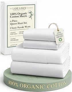Lane Linen 100% Organic Cotton Queen Sheet Set - Eco-Friendly Breathable Percale, 15" Deep Pocket White Bed Sheets