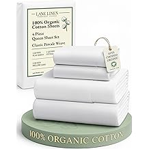 LANE LINEN Eco Friendly 100% Organic Cotton Queen Sheet Set, Soft & Comfy Fully Elasticized 15" Deep Pocket Bed Sheets, Low Pill Naturally Cooling Machine Wash S&aacute;banas Queen- White Bed Sheets