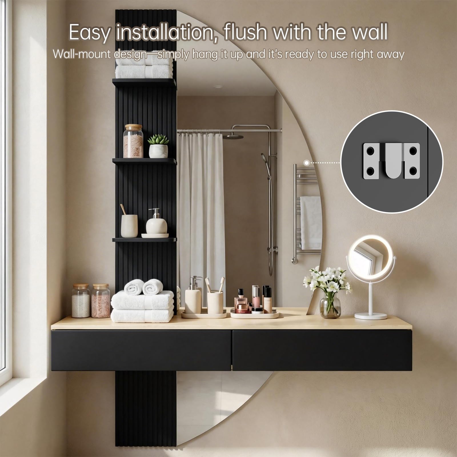 TRIUMPHKEY Tavolo da Trucco da Parete con Illuminazione LED e Grande Specchio HD – Mobile da Trucco Sospeso con Cassetti, Touch Dimmer e 3 Temperature di Colore (Nero)