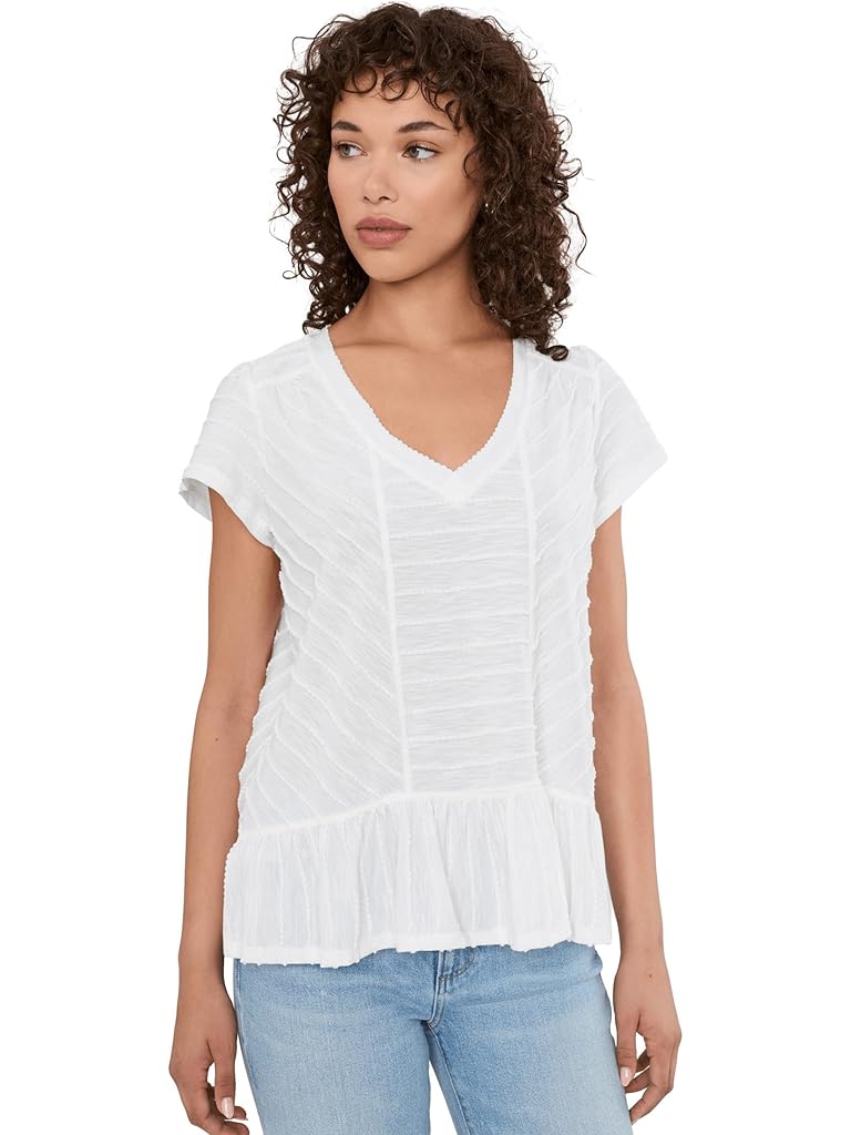White Liverpool Los Angeles Short Sleeve V-Neck Knit Top with Miter Detail
