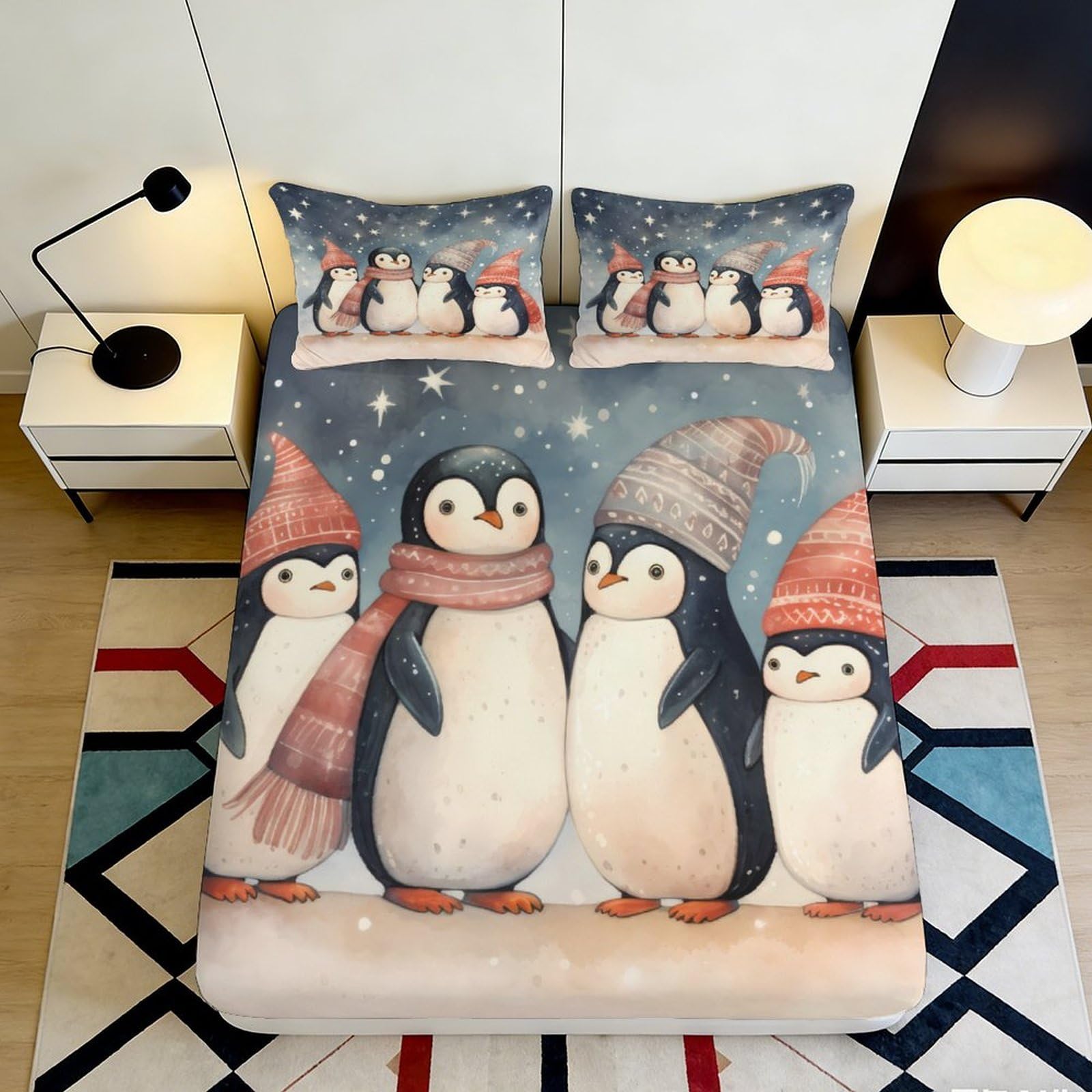 Jqzkxnhpbr Style-3 3D Printed Winter Penguin Fitted Sheet Microfiber Soft Anti-Slip Snowy Night Bed Cover For Bedroom Dorm Mattress Decor 90X200x25cm