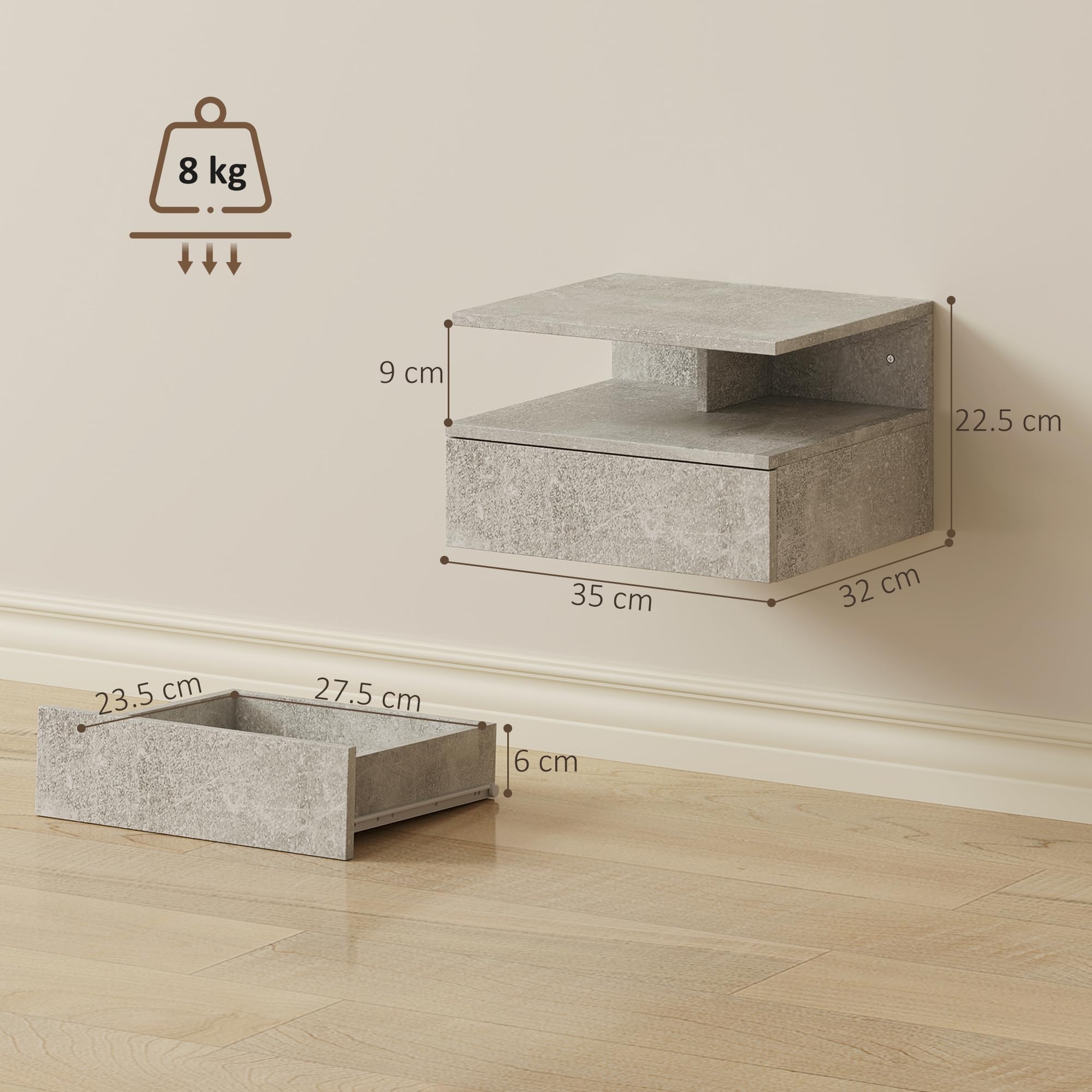 HOMCOM Set di 2 Comodini Camera da Letto Sospesi con Cassetto e Scomparto Aperto, Coppia di Comodini Moderno in Legno, Tavolini per Divano, Soggiorno, Salotto e Camera, 35x32x22.5 cm, Grigio Cemento