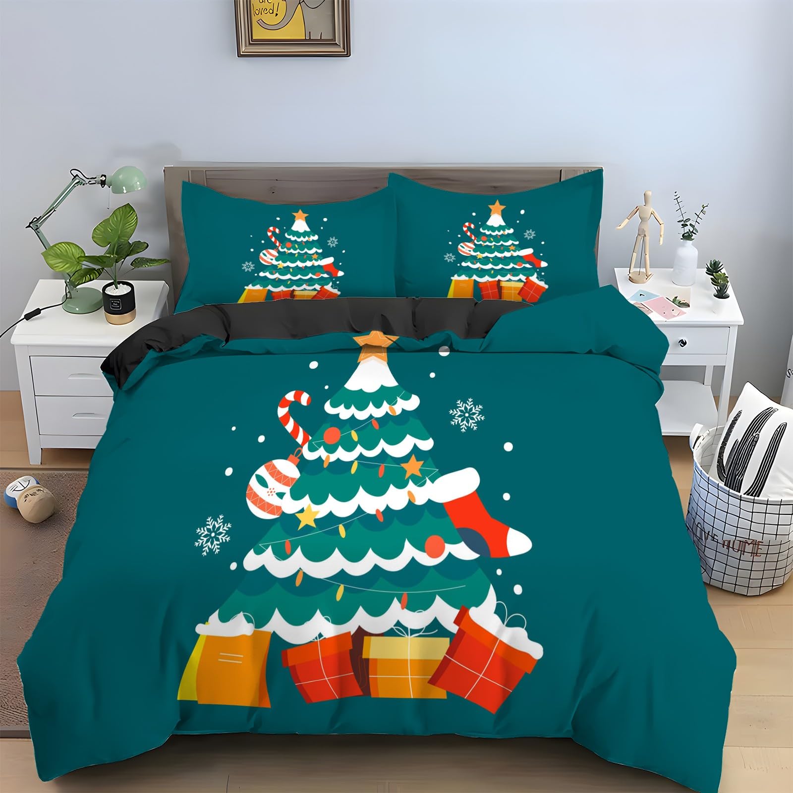 Housse de couette 240x260 Arbre de Noël parure de lit 3 pièces microfile douce KG2796