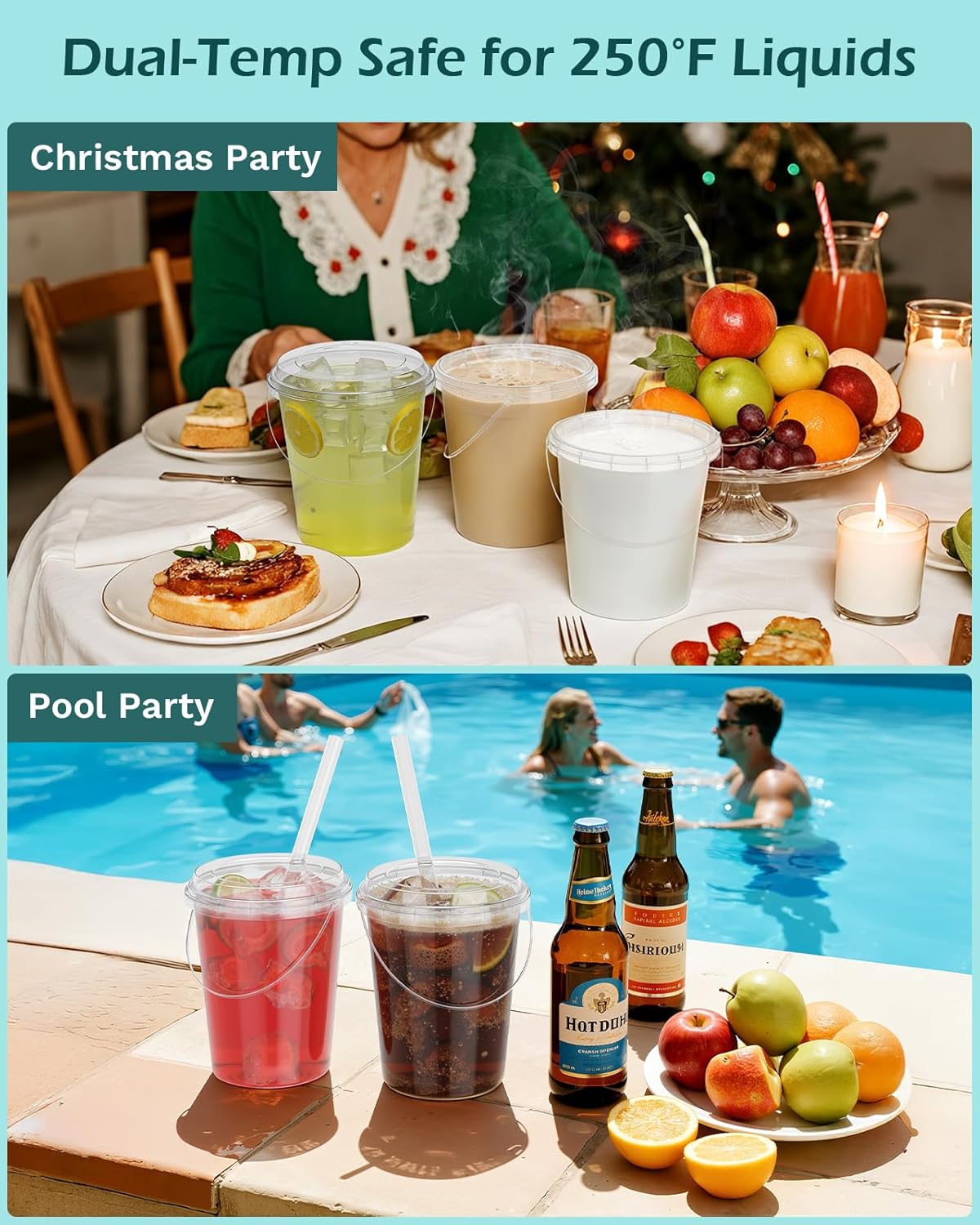 100 Sets Clear Plastic Buckets with Lids and Straws, 32 Oz Drink Bucket with Handle Disposable Cocktail Pails for Beach Pool Halloween Football Parties Bar Beer - Image 5