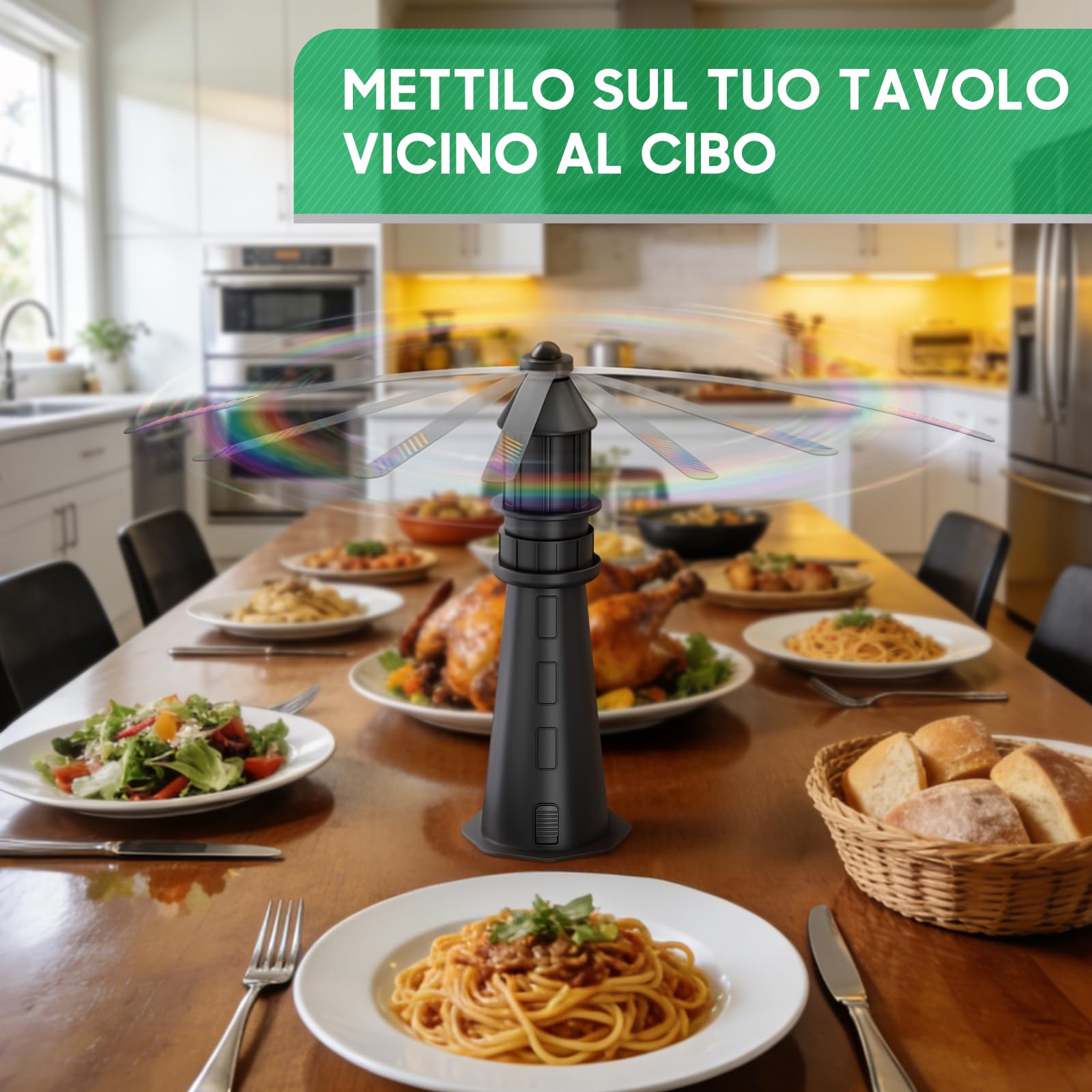 Scaccia Mosche, Ventilatore da Tavolo Anti Mosche con Ali Olografiche, Appendibile per Interni ed Esterni, Protezione Insetti Fisica per Campeggio, Giardino e Terrazza – Batterie non incluse, 4 Pezzo