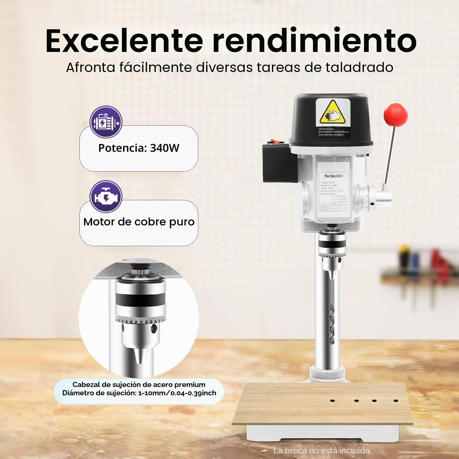 Taladro de Banco Portátil 340 W 3 Velocidades 0-16 000 rpm Profundidad Máxima de Taladrado 25 mm Motor Totalmente de Cobre, Taladro de Mesa para Bricolaje Modelismo Banco de Trabajo