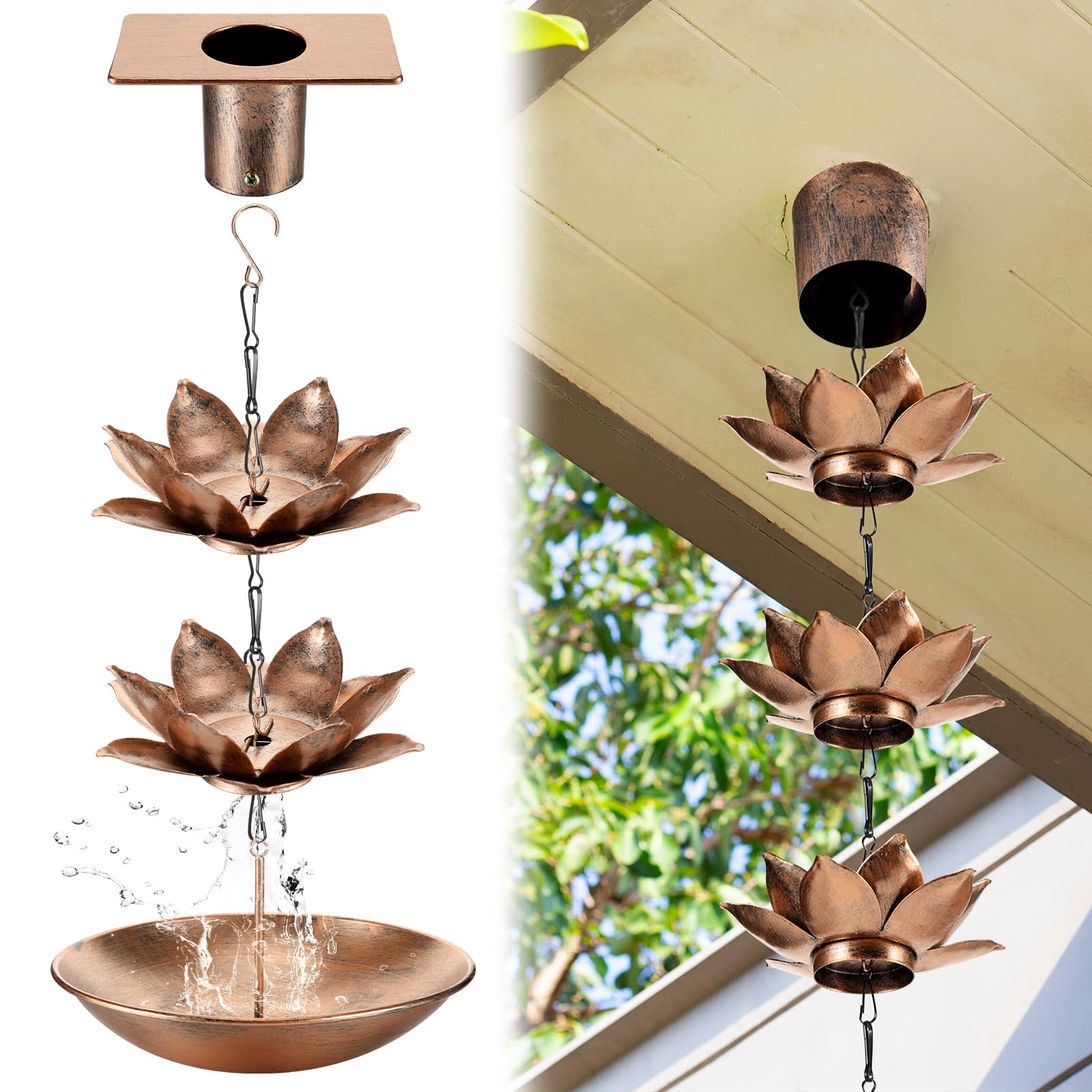 8.5ft Rain Chain for Gutters Lotus Rain Chimes for Outside with Chain Basin and 12 Cups Adjustable Decorative Catcher Replacement Downspout for Gutters