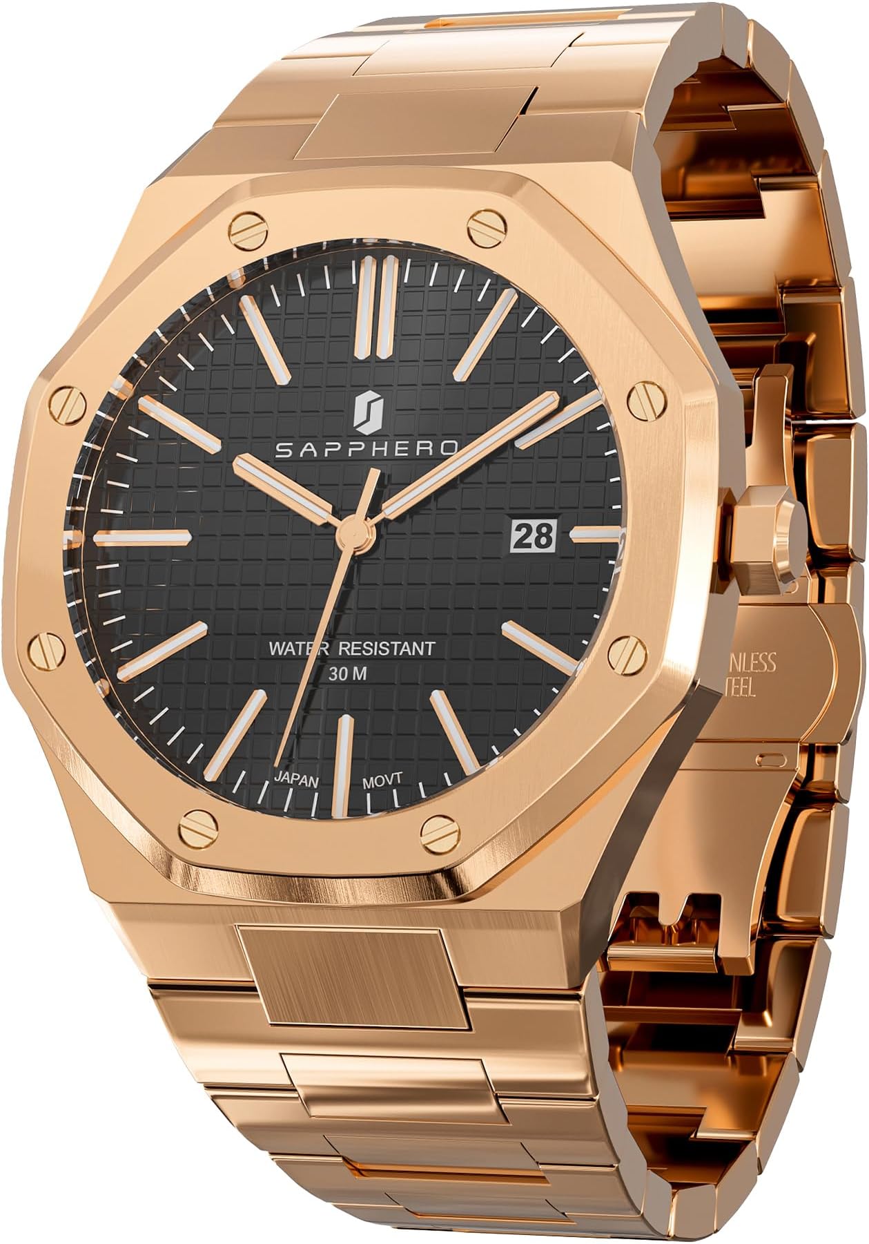 SAPPHERO Watch for Men 50M Waterproof Stainless Steel Mens Watches Analog Quartz Movement Wrist Watch Gifts for Men Rose Gold Black, ET2110-08