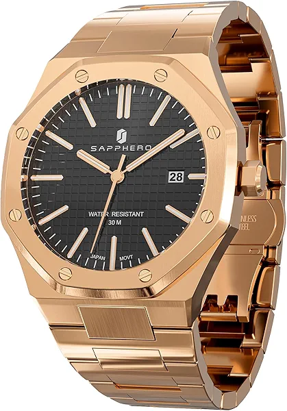 SAPPHERO Men's Watch Octagonal Stainless Steel 30M Waterproof Luminous Wristwatch Luxury Analog Quartz Watch for Men with Date Elegant Mens