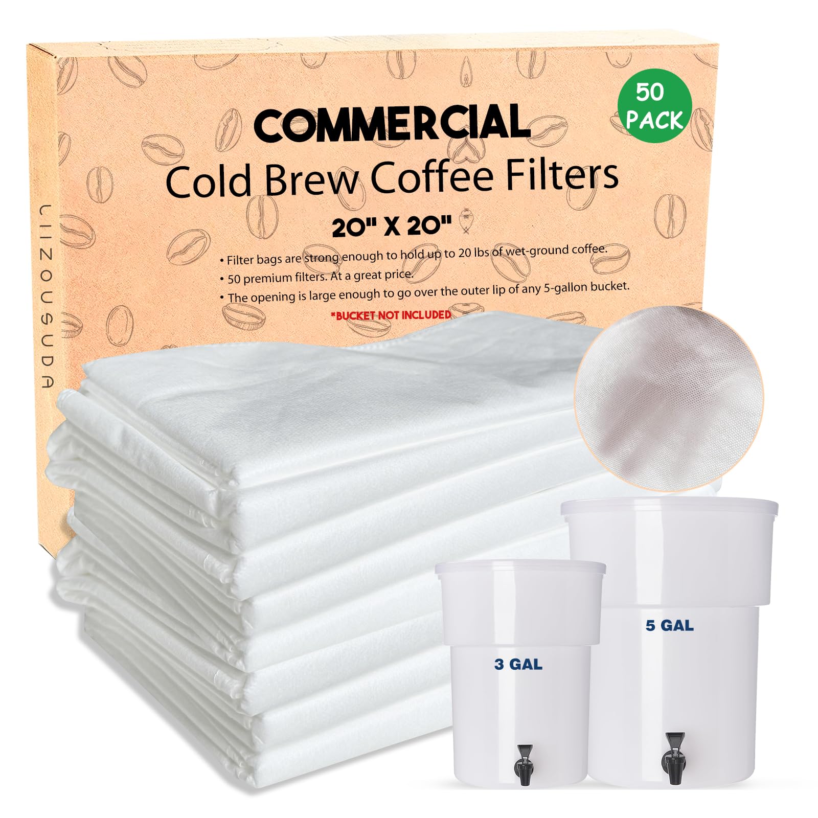 50pcs Cold Brew Coffee Filter Bags - 20" X 20" Commercial Cold Brew Bags - Filter Bag for Brew Up To 5 LBS Coffee, Fits 5 Gallon Buckets - Extra Large Brew Bags Reusable