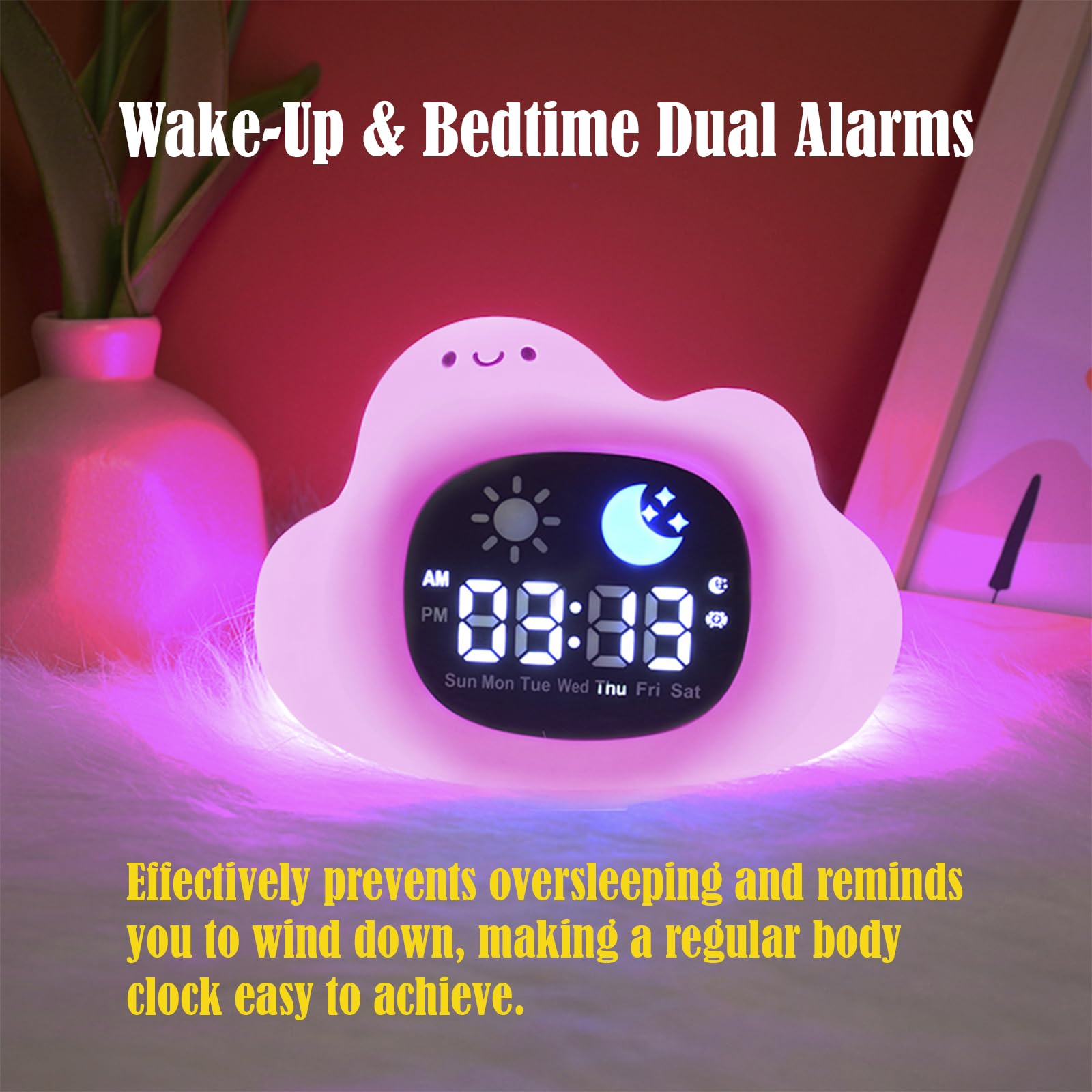 Reloj despertador con luz nocturna, lindo animal de dibujos animados de perros/dinosaurio/gato/oso de arena/búho/nube, reloj OK para despertar con ruido blanco, pantalla digital, reloj