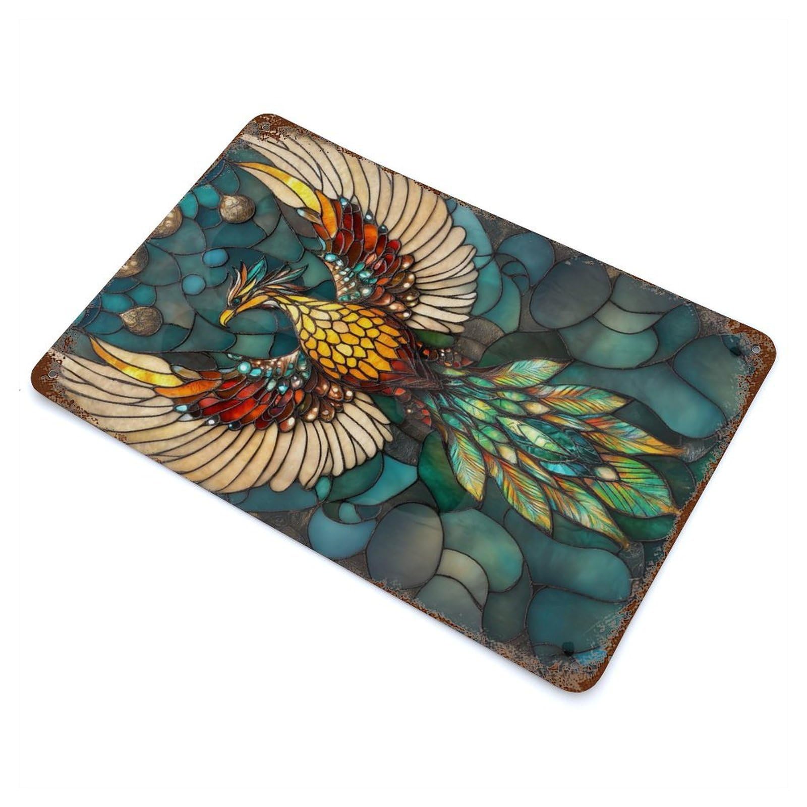Phoenix Stained Glass Vintage Wall Sign 11.8"x7.9", Rust Effect Metal Decor for Farmhouse, Kitchen And Entryway Decor
