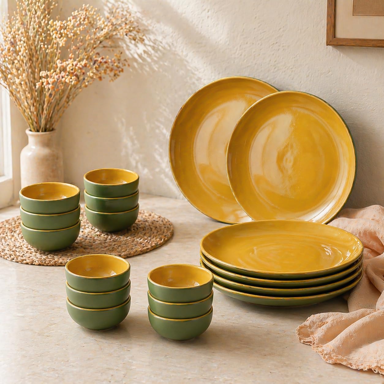 The Earth Store Mustard Novelle Ceramic Dinner Set, 18 Pieces with 6 Dinner Plates & 12 Vegetable Bowls | Microwave & Dishwasher Safe | Dinner Set for Dining Table & Gifting-image-24