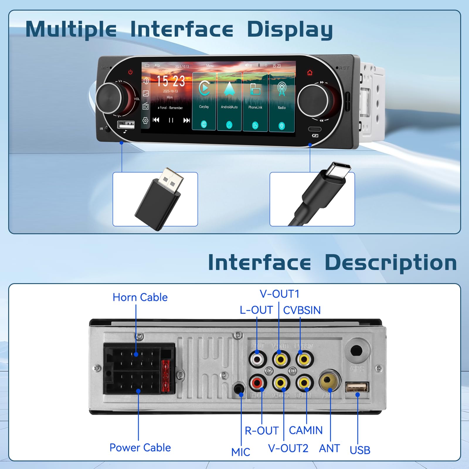 Radio samochodowe Bluetooth 1 DIN kompatybilne z Carplay i Android Auto, radio samochodowe z ekranem dotykowym 5,1", zestaw głośnomówiący Bluetooth, Mirror Link, radio FM, USB/Type-C, EQ i kamera