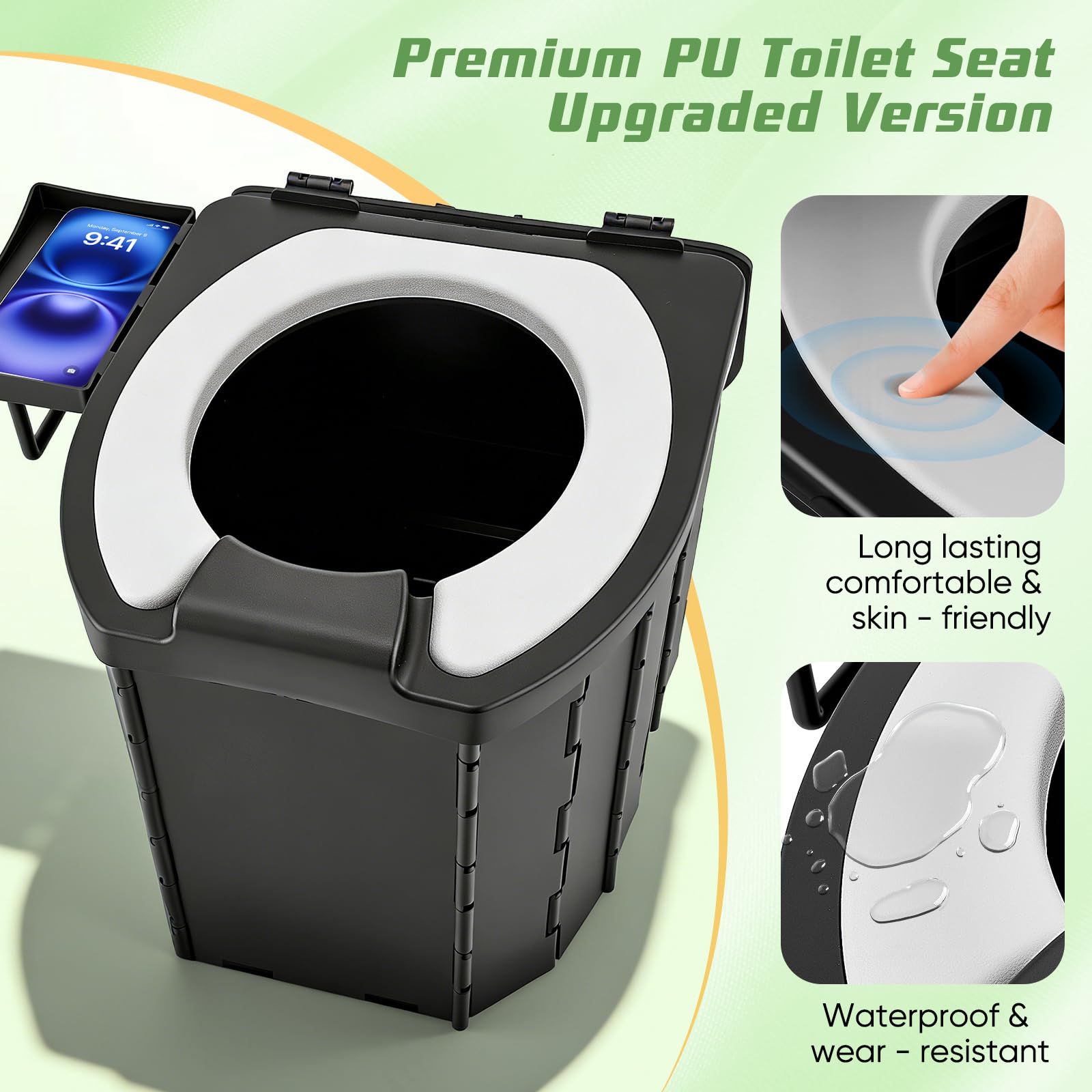 Toilettes de camping compactes et pliables - Hauteur d'assise : 42 cm - Pour adultes - 200 kg - Capacité de 5 l - Avec sac de rangement et sac poubelle - Accessoire de camping parfait pour l'extérieur