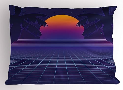 Ambesonne Synthwave Pillow Sham, Retro Party Themed Graphic of Ombre Sun and Palm Trees Print, Decorative Standard Queen Size Printed Pillowcase,