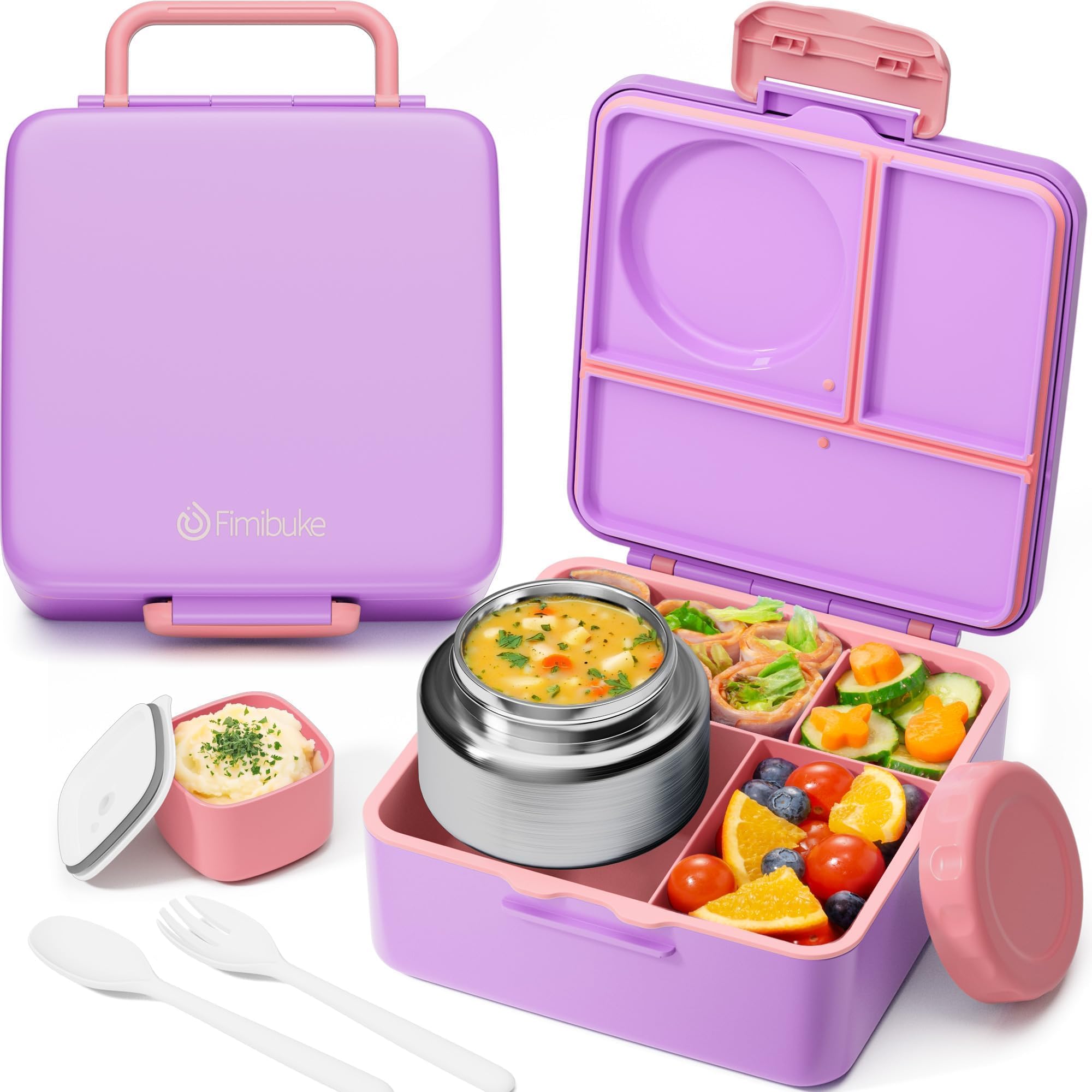 Fimibuke Bento Box for Kids Adult with Thermos, 3-4 Compartment 60OZ Toddler Lunch Box Container with Leakproof 8OZ Insulated Food Jar, Sauce Jar, Utensil for School Boy Girl, BPA-Free Dishwasher Safe