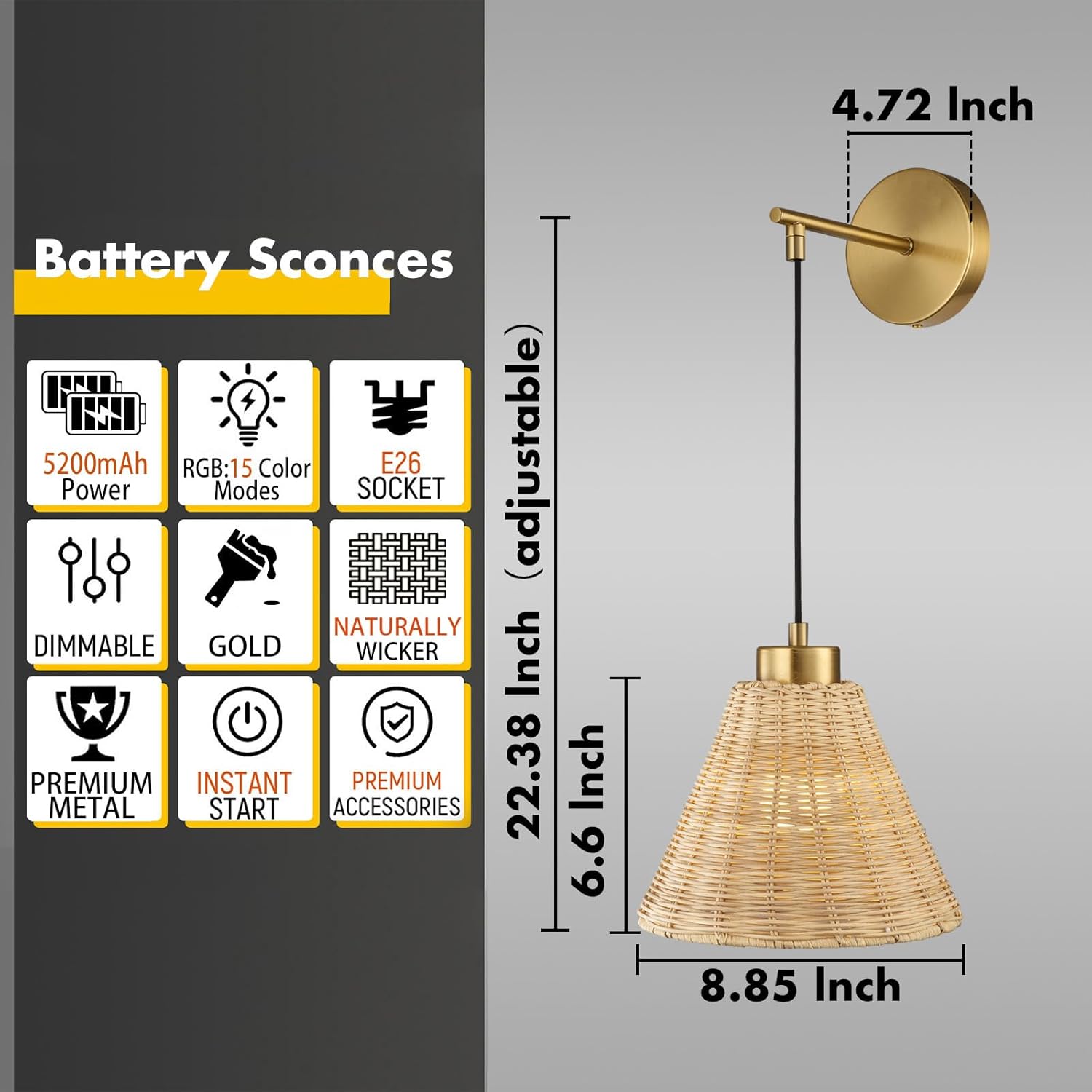 Hamilyeah Cordless Battery Operated Wall Sconces Set of 2, Boho Rattan Woven Gold Sconces Wall Lighting with Remote, Dimmable Rechargeable Wireless Wall Lamps for Bedroom, Living Room, Hallway