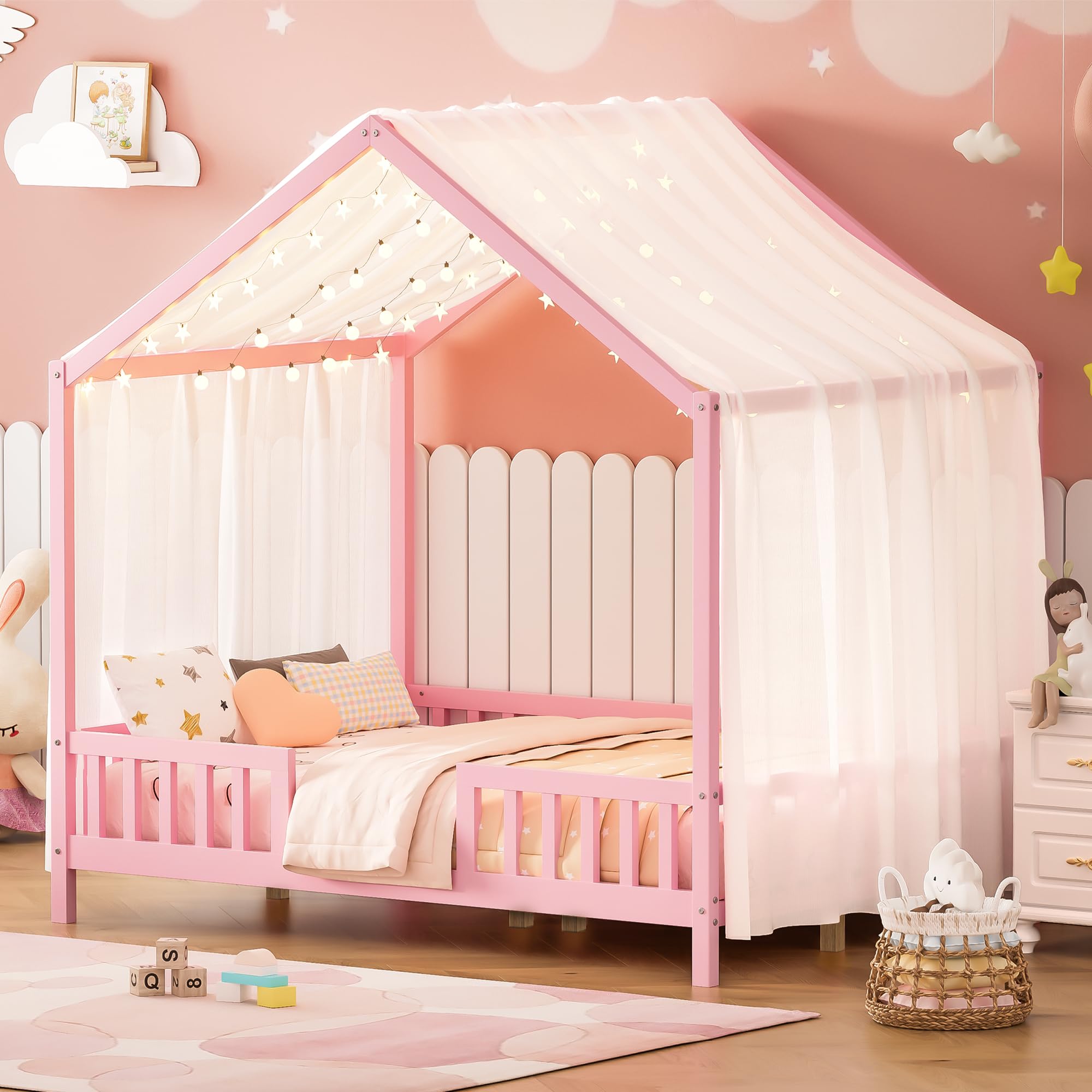 Floor Bed with Canopy, High Railings and Roof, Full Size Wood House Bed Frame for Kids Bedroom (Pink/C)