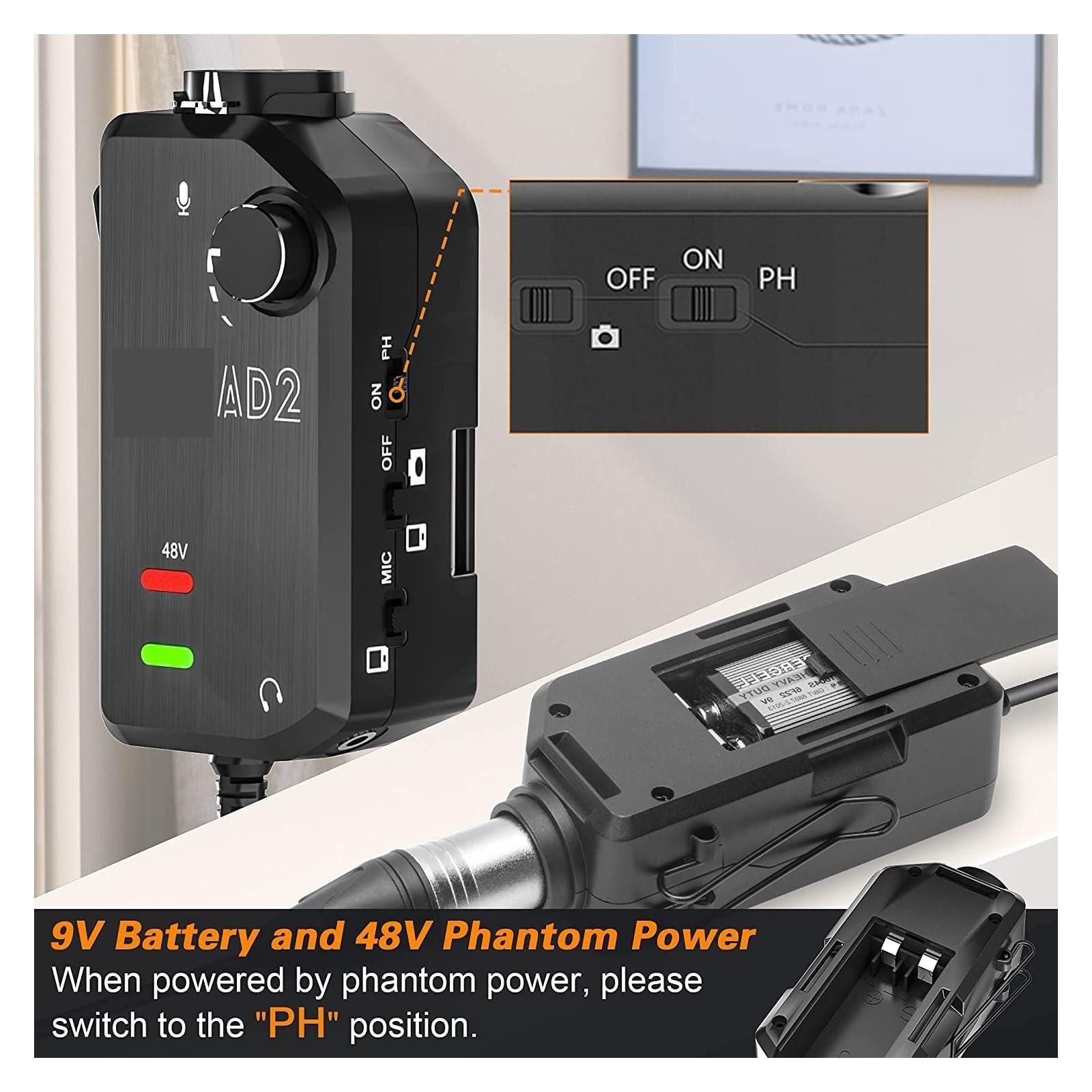 Soundkarten-Kit, AD2 XLR/6,35 mm Audio-Vorverstärker-Adapter mit 48 V Phantomspeisung, Gitarrenschnittstelle, Mikrofon-Vorverstärker