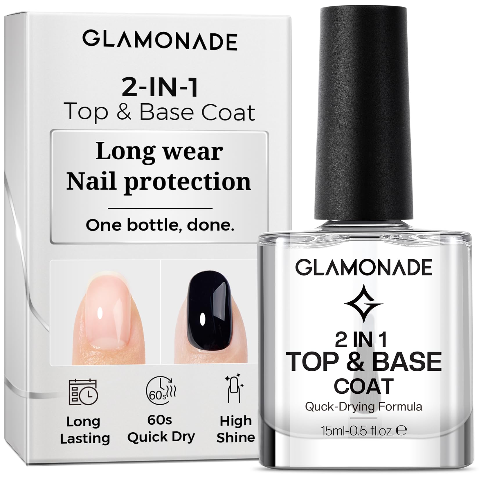 Glamonade 2-in-1 Base Top Coat: Clear Nail Polish High Shine Quick Dry