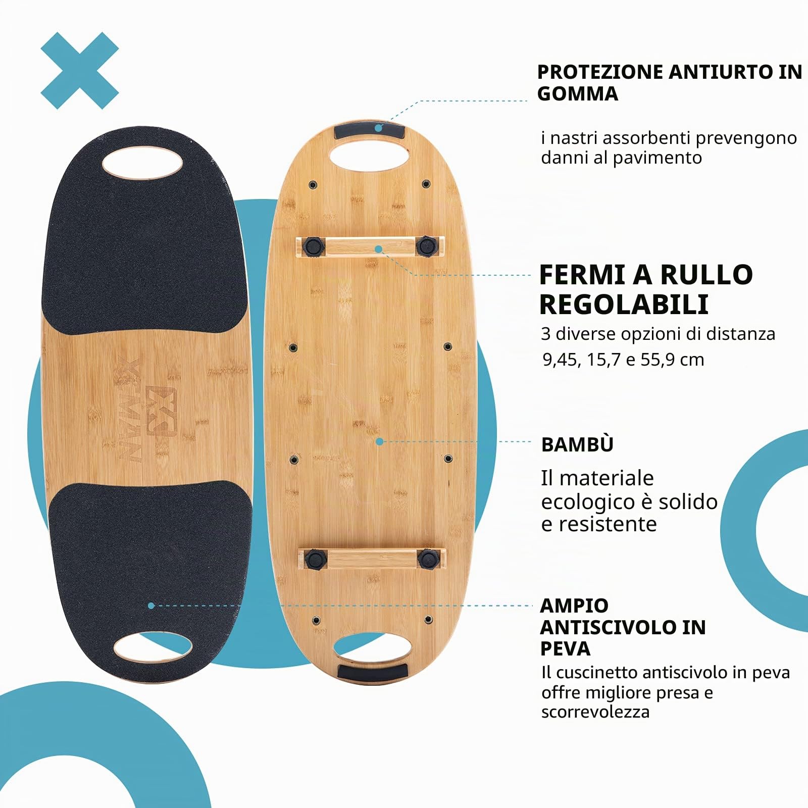 XCMAN Balance Board Trainer in bambù con tappi regolabili – 3 diverse opzioni di distanza | Balance Board per surf, snowboard, sci, skateboard e allenamento yoga