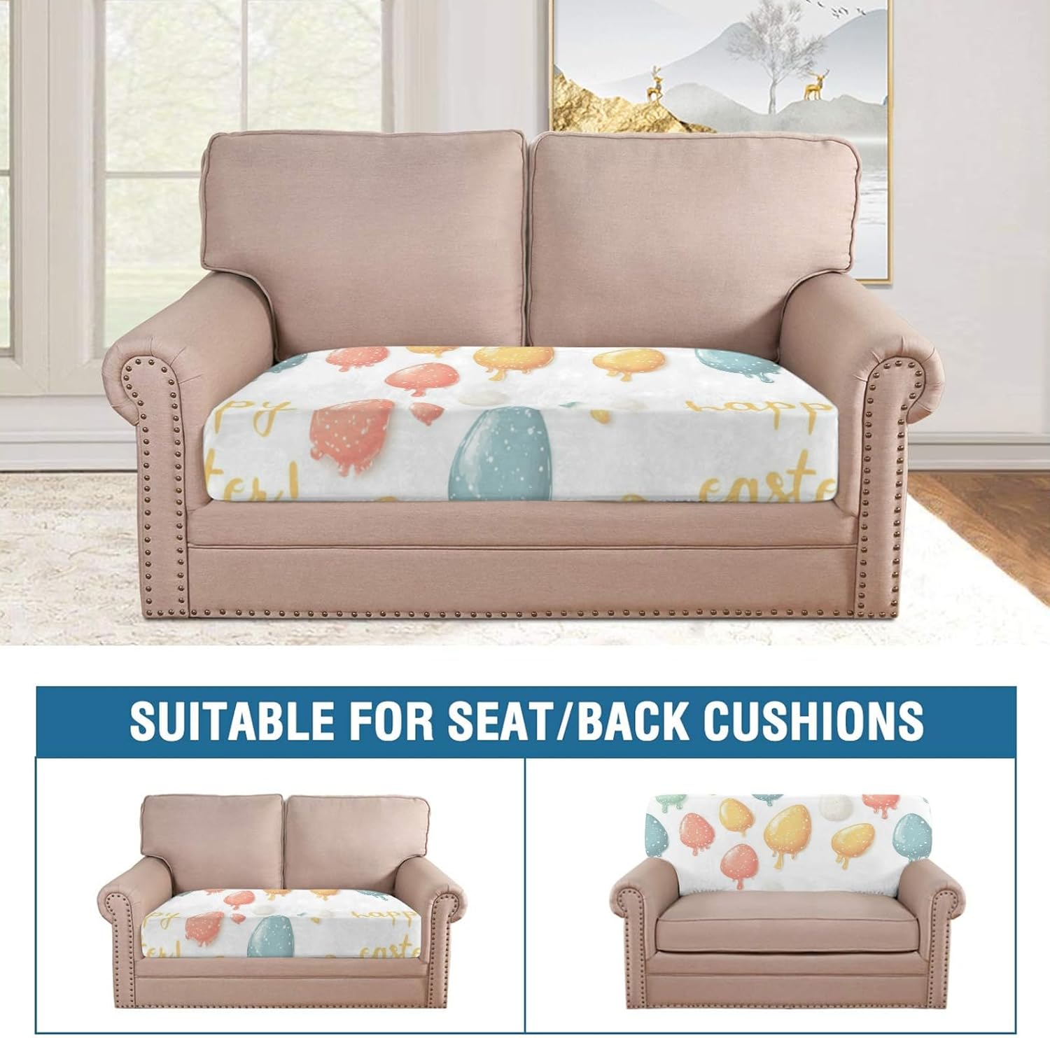 Easter Gold Eggs Loveseat Covers Couch Covers for 2 Cushion Couch, 2-Piece Stretch Sofa Slipcovers Anti-Slip Washable Furniture Protectors for Dogs Pets