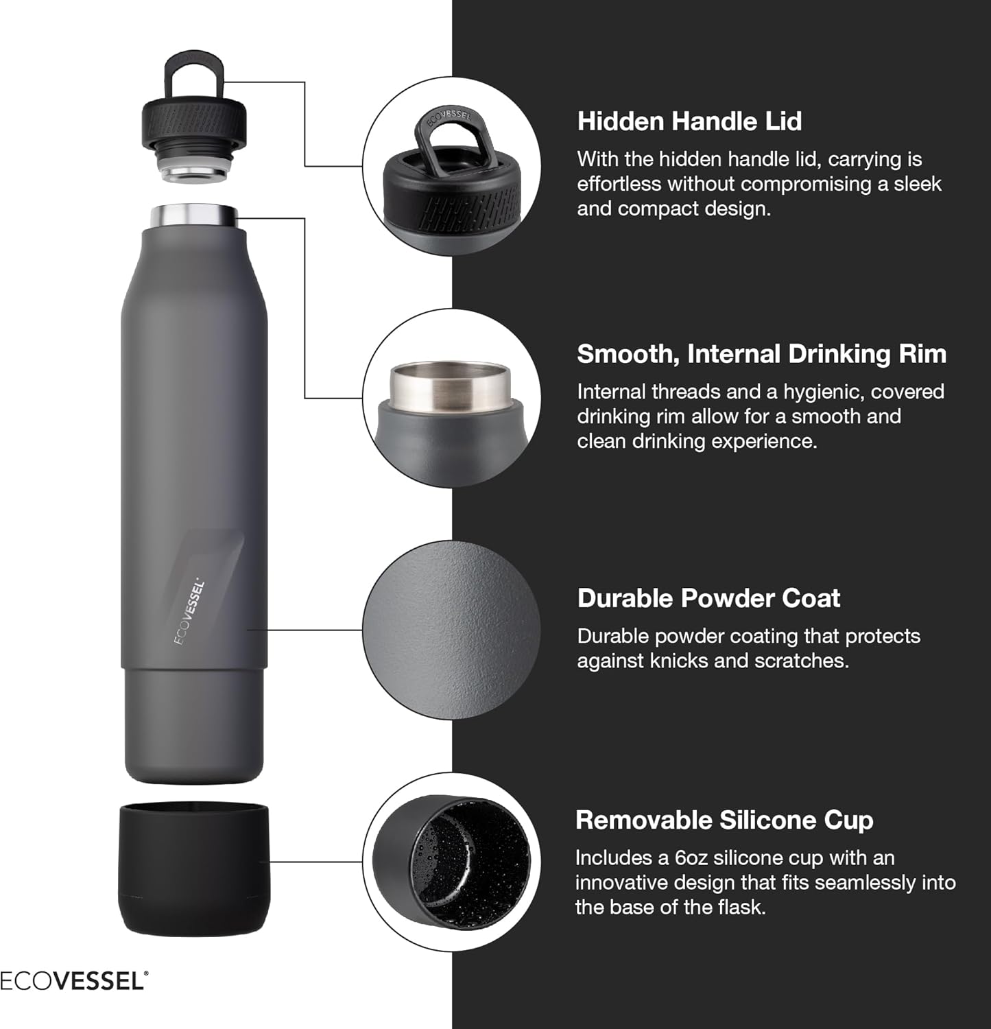 EcoVessel Stainless Steel Bottle with Removable Cup, Vacuum Insulated Thermos for Hot and Cold Drinks, with Folding Handle for Travel and Camping, 25oz (Gray) - Image 4